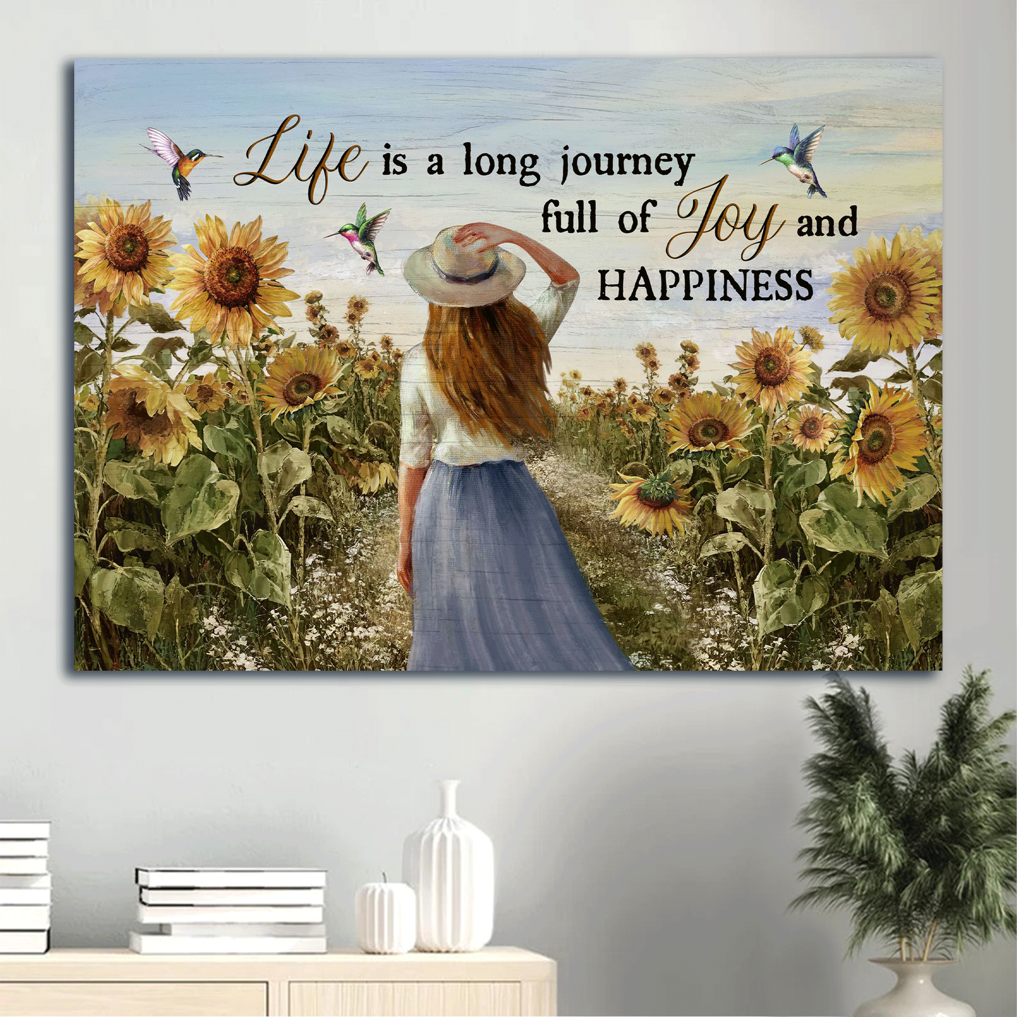 Jesus Landscape Canvas- Beautiful girl, Sunflower field, Colorful hummingbirds canvas- Gift for Christian- Life is a long journey