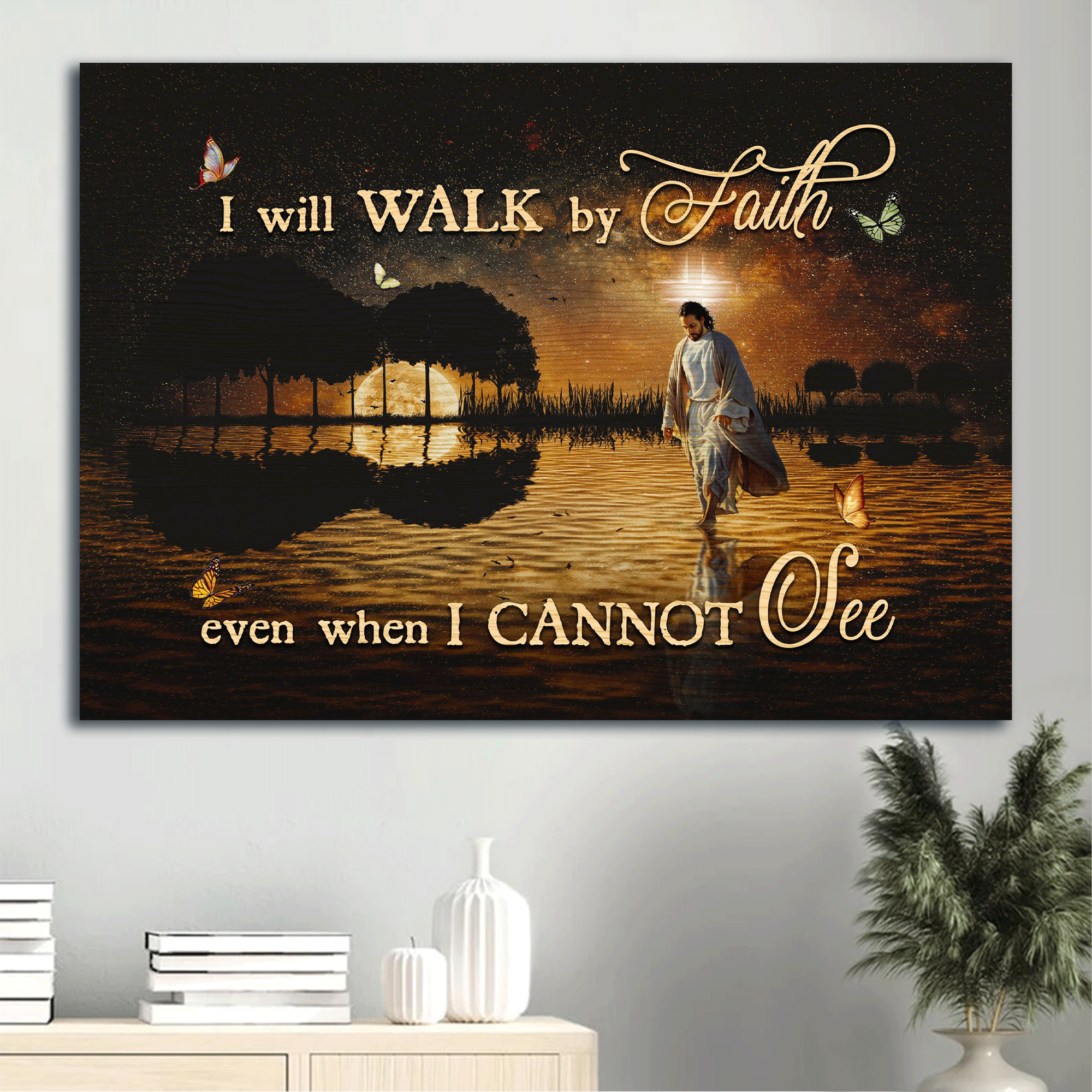 Jesus Landscape Canvas -Beautiful night, Full moon drawing, Jesus walking on water Landscape Canvas - Gift For Christian - I will walk by faith