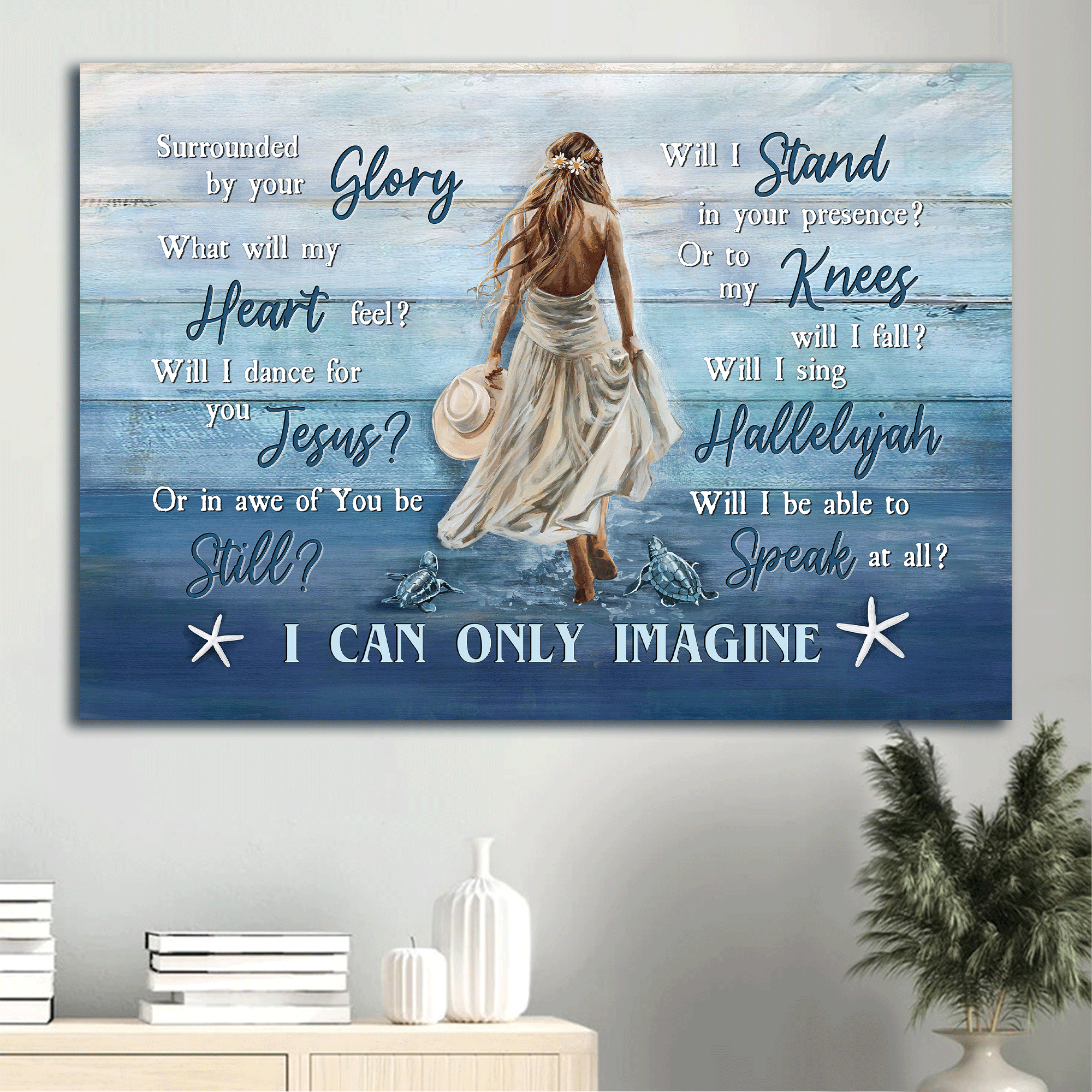 Jesus Landscape Canvas- Beautiful girl, White dress, Sea turtle, Walking on water canvas- Gift for Christian- I can only imagine