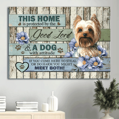 Jesus Landscape Canvas - Lovely Yorkshire Terrier, Blue flower Landscape Canvas - Gift For Christian - This home is protected by a dog with attitude Landscape Canvas