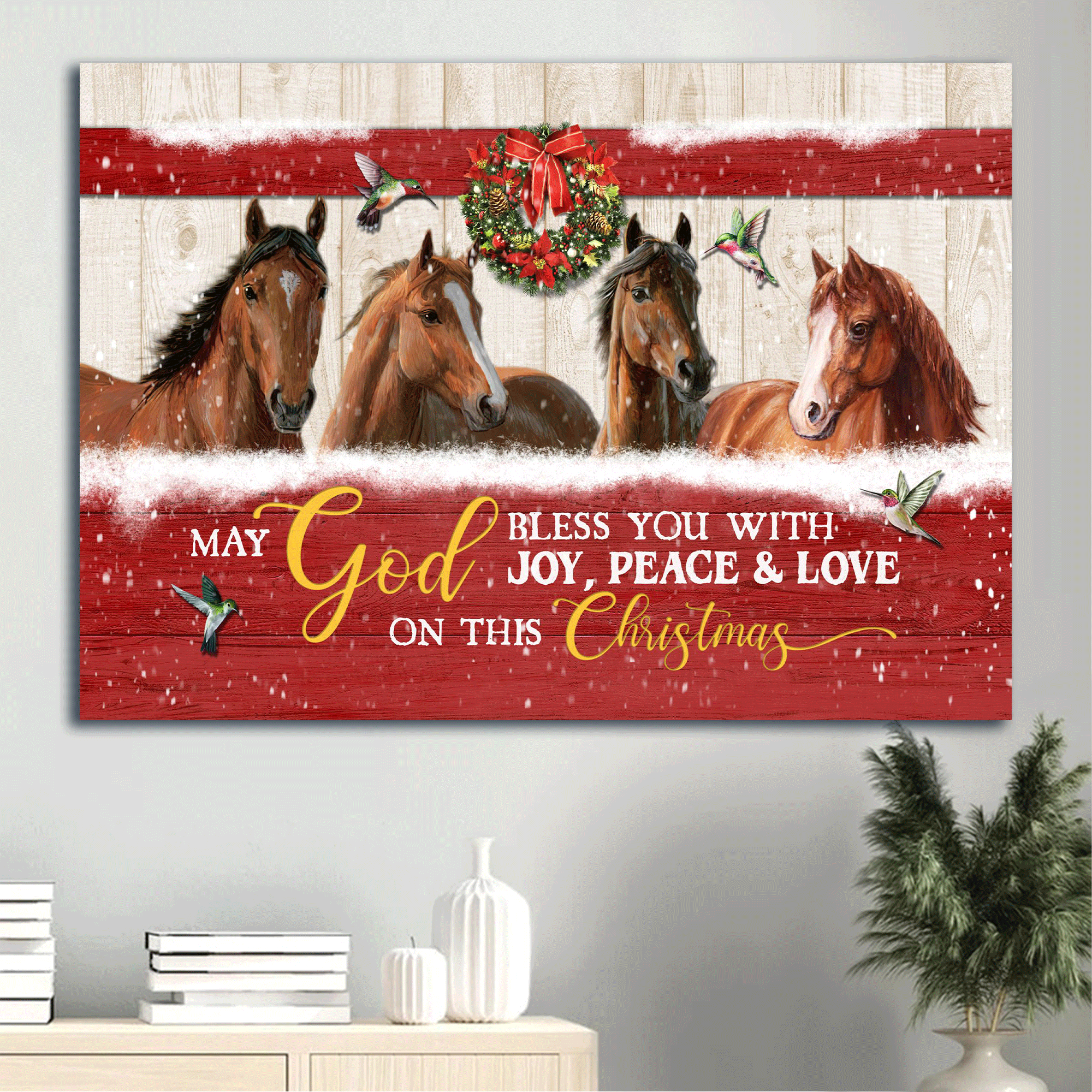 Jesus Landscape Canvas - Stunning Horses Drawing, Christmas Wreath Canvas - Gift For Christian - May God Bless You With Joy Canvas