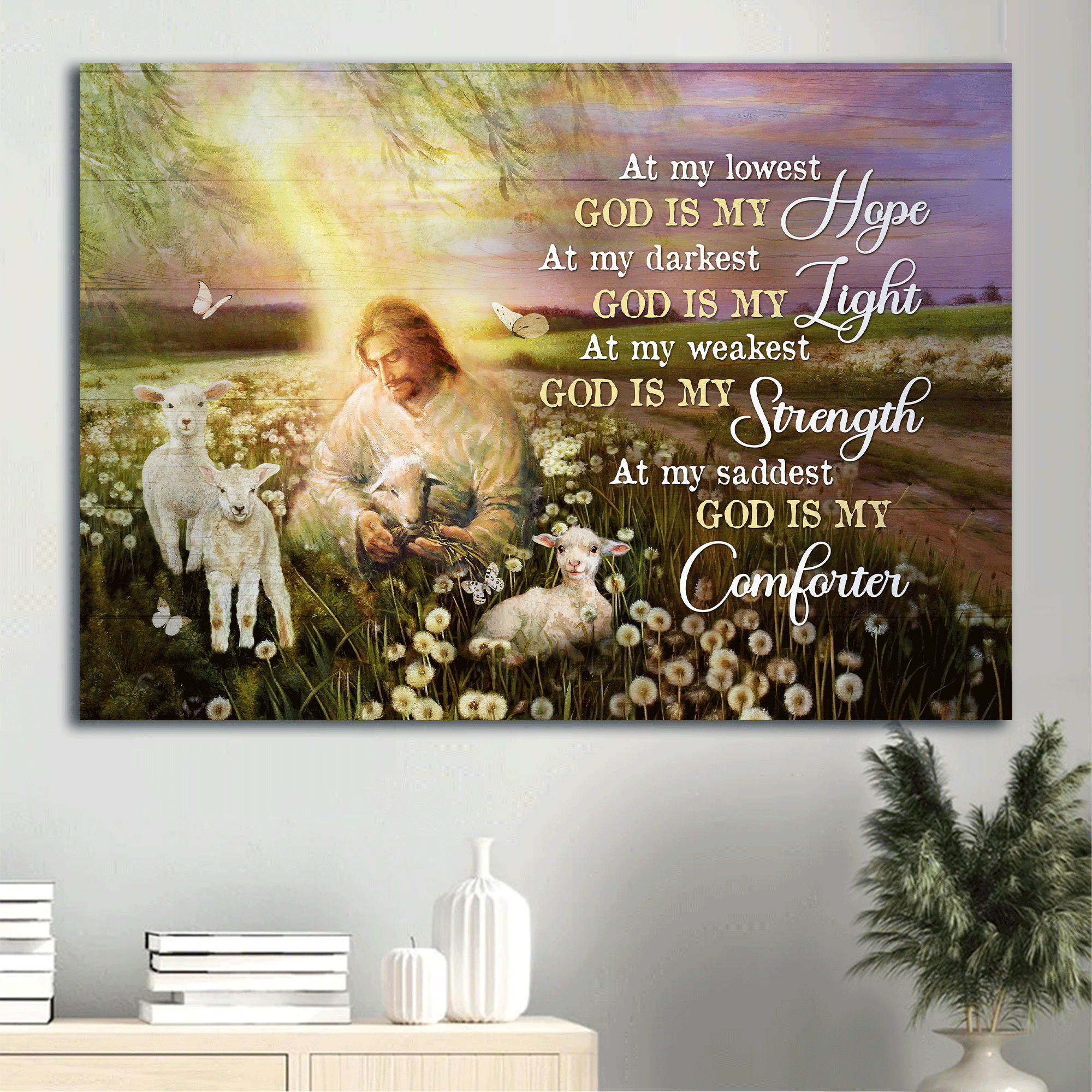 Jesus Landscape Canvas - Walking With Jesus, White Lamb, Dandelion Field Canvas - Gift For Christian - God Is My Hope Canvas