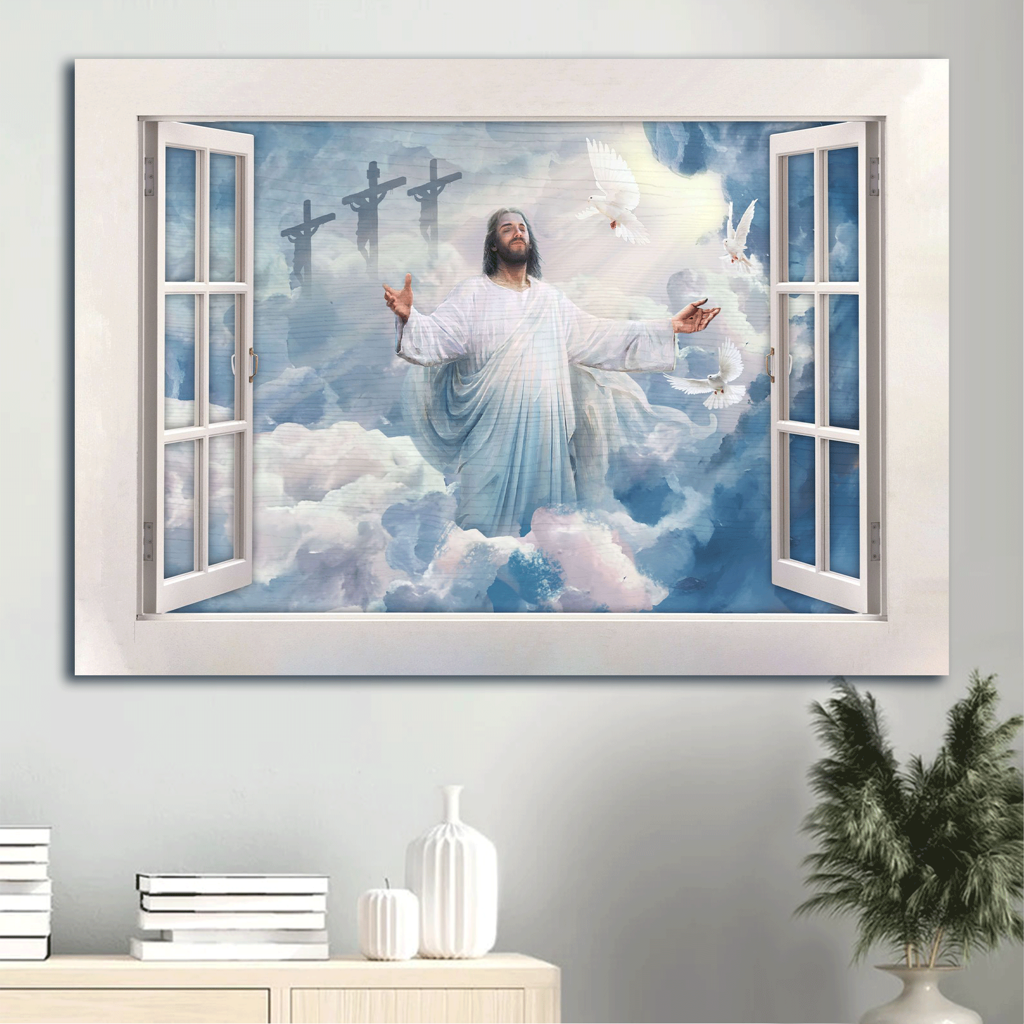 Jesus Landscape Canvas- Beautiful heaven, Jesus painting, Holy spirit dove, White windows, Jesus in heaven canvas- Gift for Christian