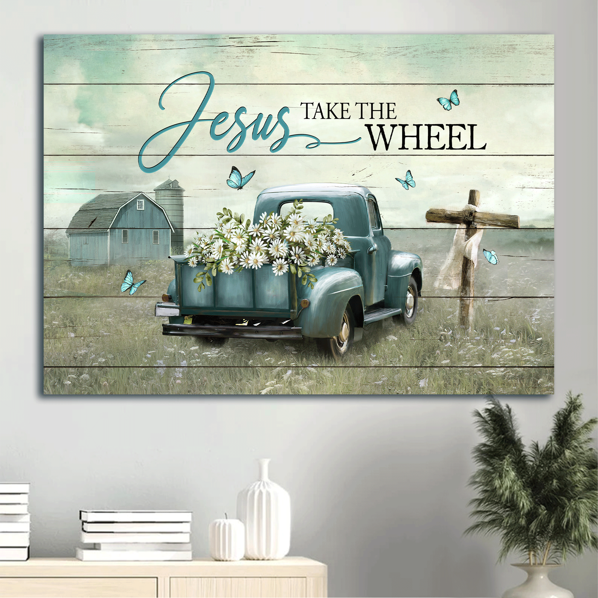 Jesus Landscape Canvas- Daisy field, Ladybug car, Vintage painting, Wooden cross, Blue butterfly canvas- Gift for Christian- Jesus take the wheel