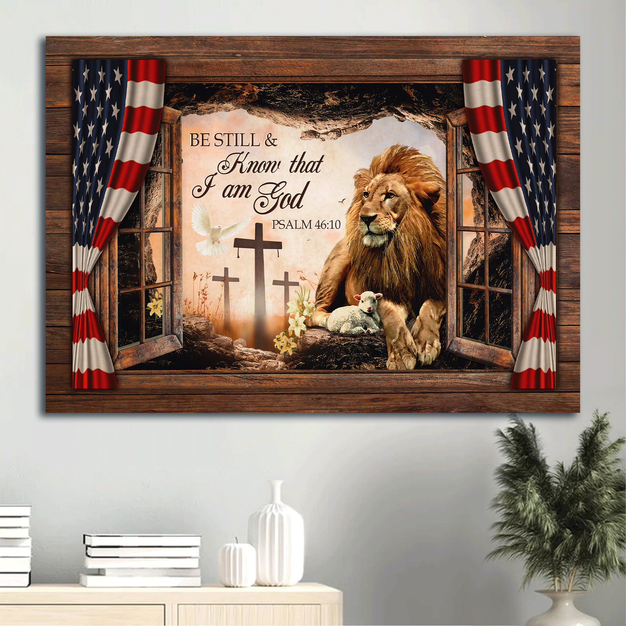 Jesus Landscape Canvas - Lion of Judah, Lamb of God, The US flag Canvas - Gift for Christian - Be still and know that I am God Landscape Canvas