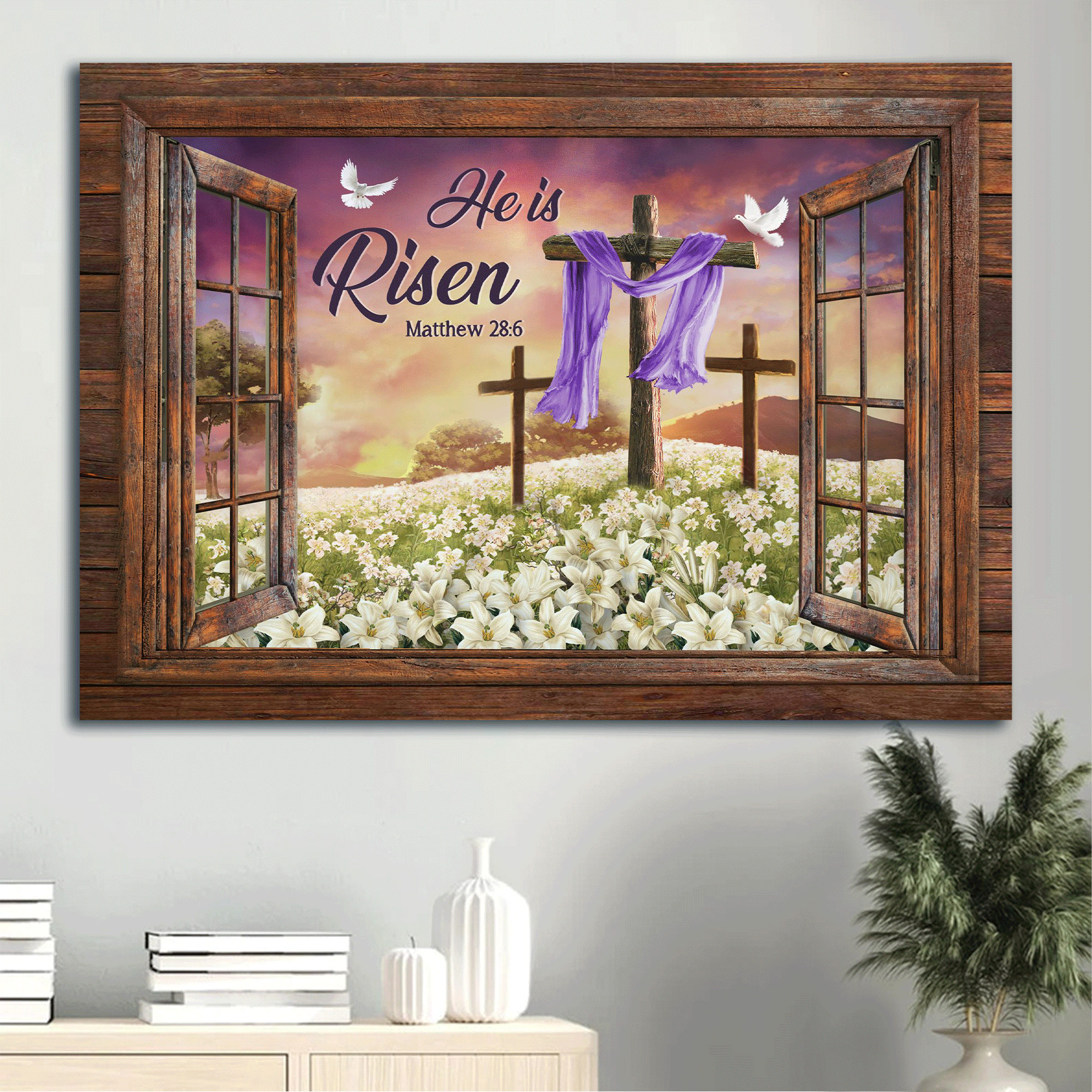 Jesus Landscape Canvas - White Lily Flower, Beautiful Cross, Sunset Canvas - Gift For Christian - He Is Risen Canvas