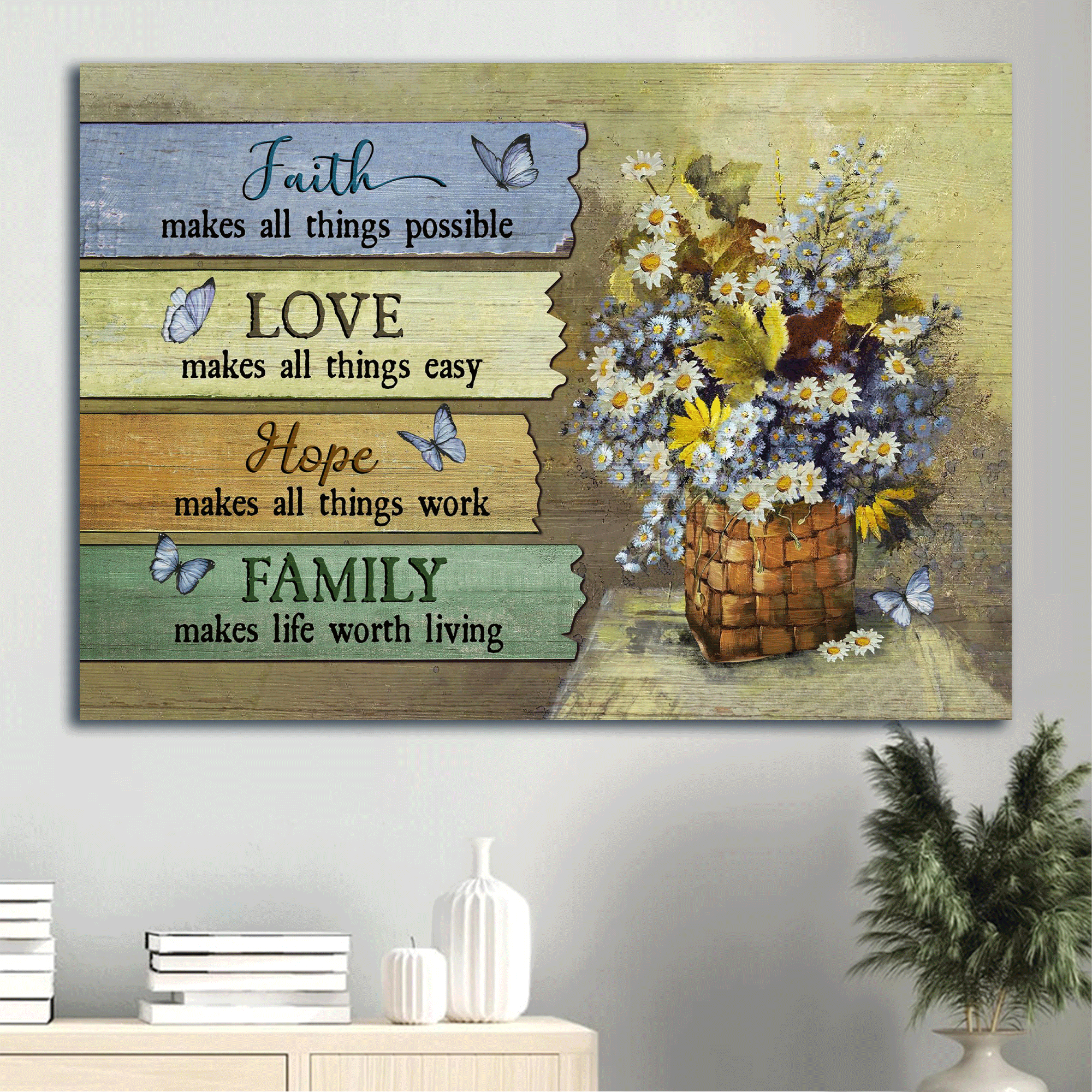 Jesus Landscape Canvas- Daisy flower, Blue butterfly canvas- Gift for Christian- Faith makes all things possible