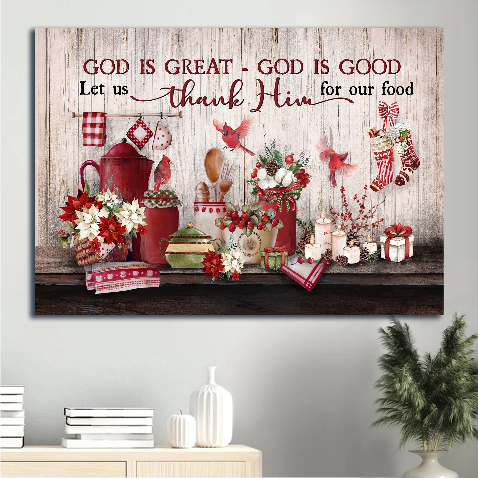 Jesus Landscape Canvas - Christmas Kitchen, Colorful Flower, Red Cardinal, Merry Christmas Landscape Canvas - Gift For Christian - God Is Great Landscape Canvas