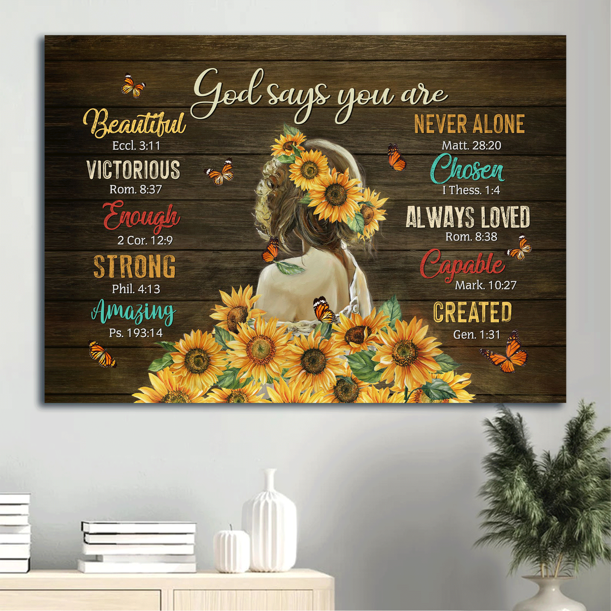 Jesus Landscape Canvas- Beautiful Girl, Sunflower, Butterfly canvas, God says you are canvas- Gift for Christian