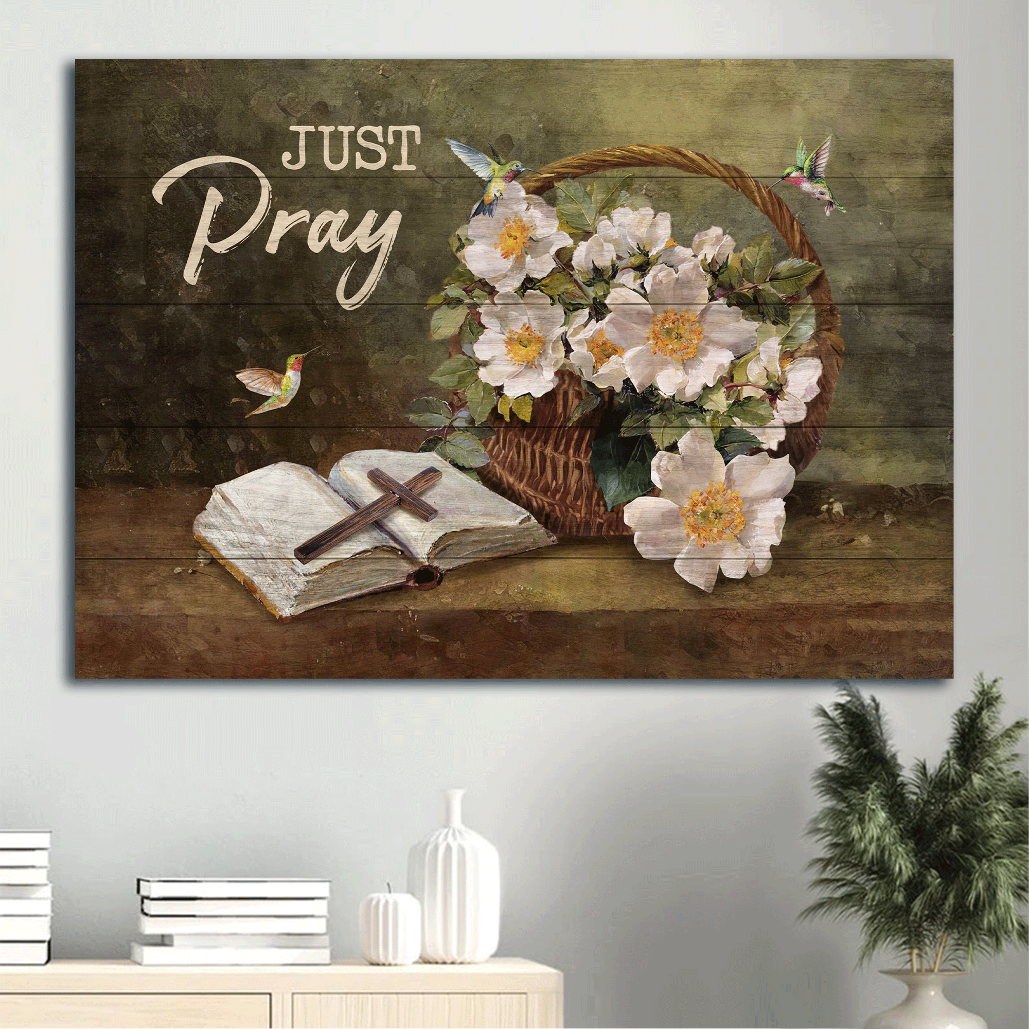 Jesus Landscape Canvas- Beautiful jasmine, Wooden cross, Colorful hummingbird canvas- Gift for Christian- Just pray