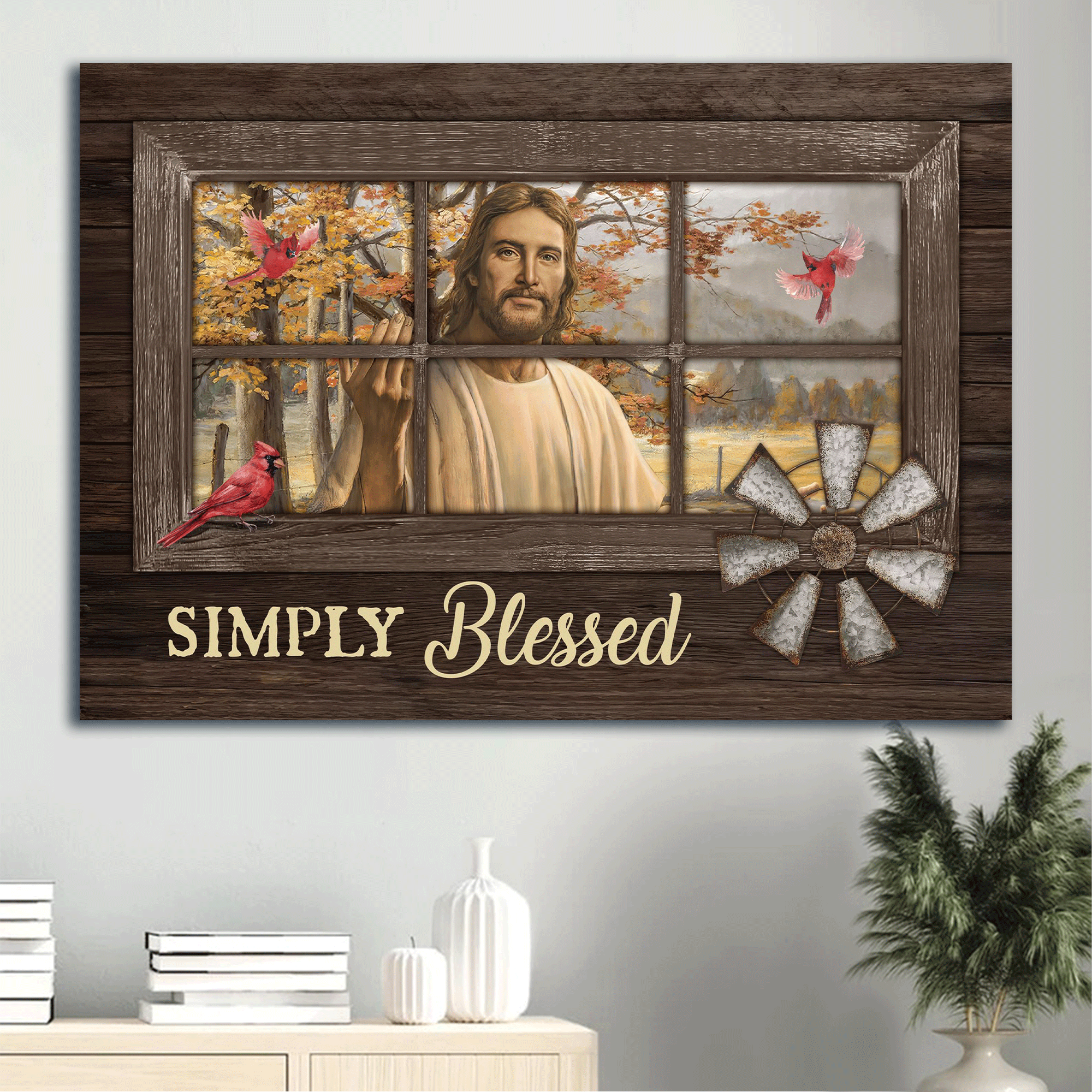 Jesus Landscape Canvas - Beautiful Jesus face, Red cardinal, Autumn forest Landscape Canvas - Gift For Christian - Simply blessed