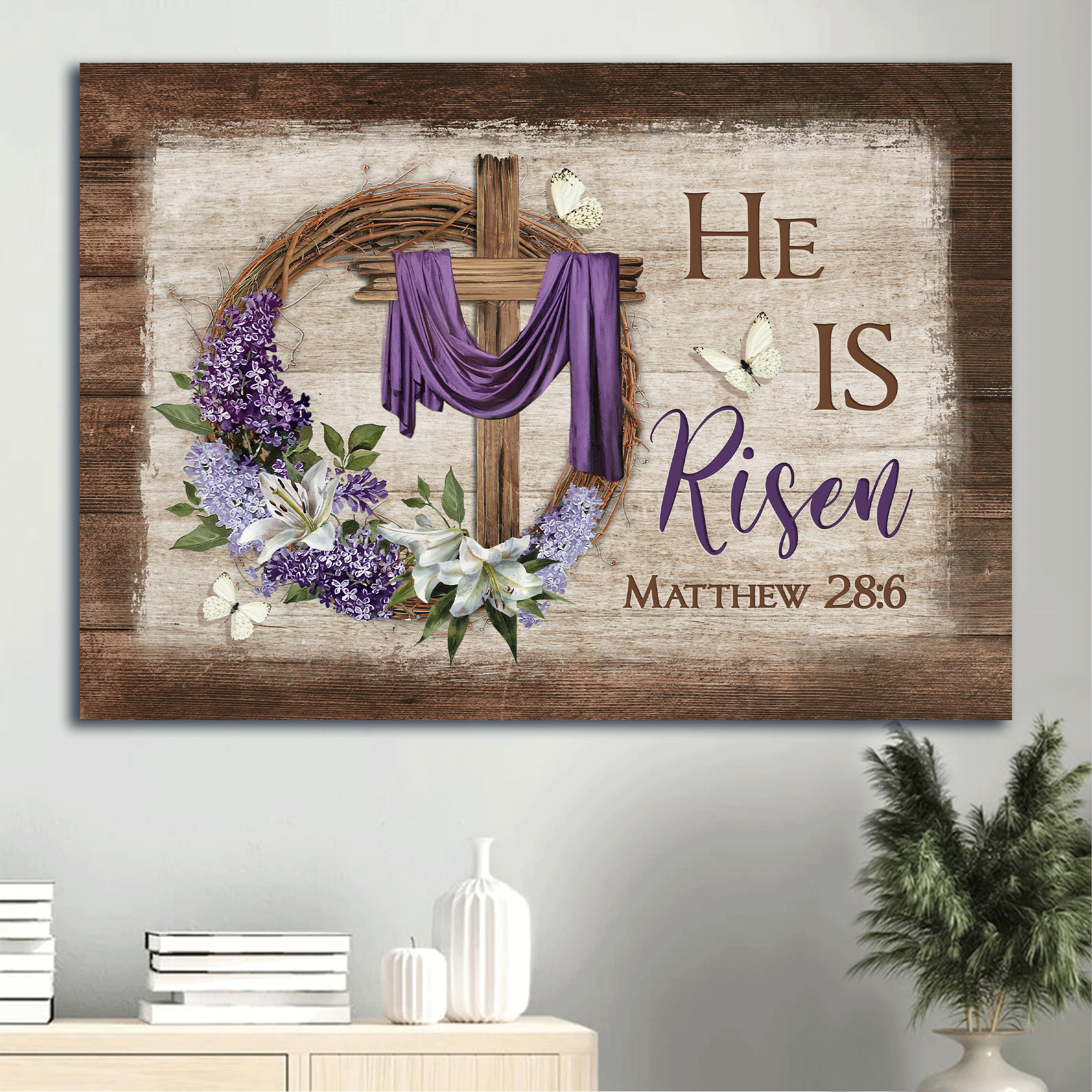 Jesus Landscape Canvas- Awesome Cross, White Butterfly, Floral Wreath, Purple Silk Canvas- Gift For Christian- He Is Risen