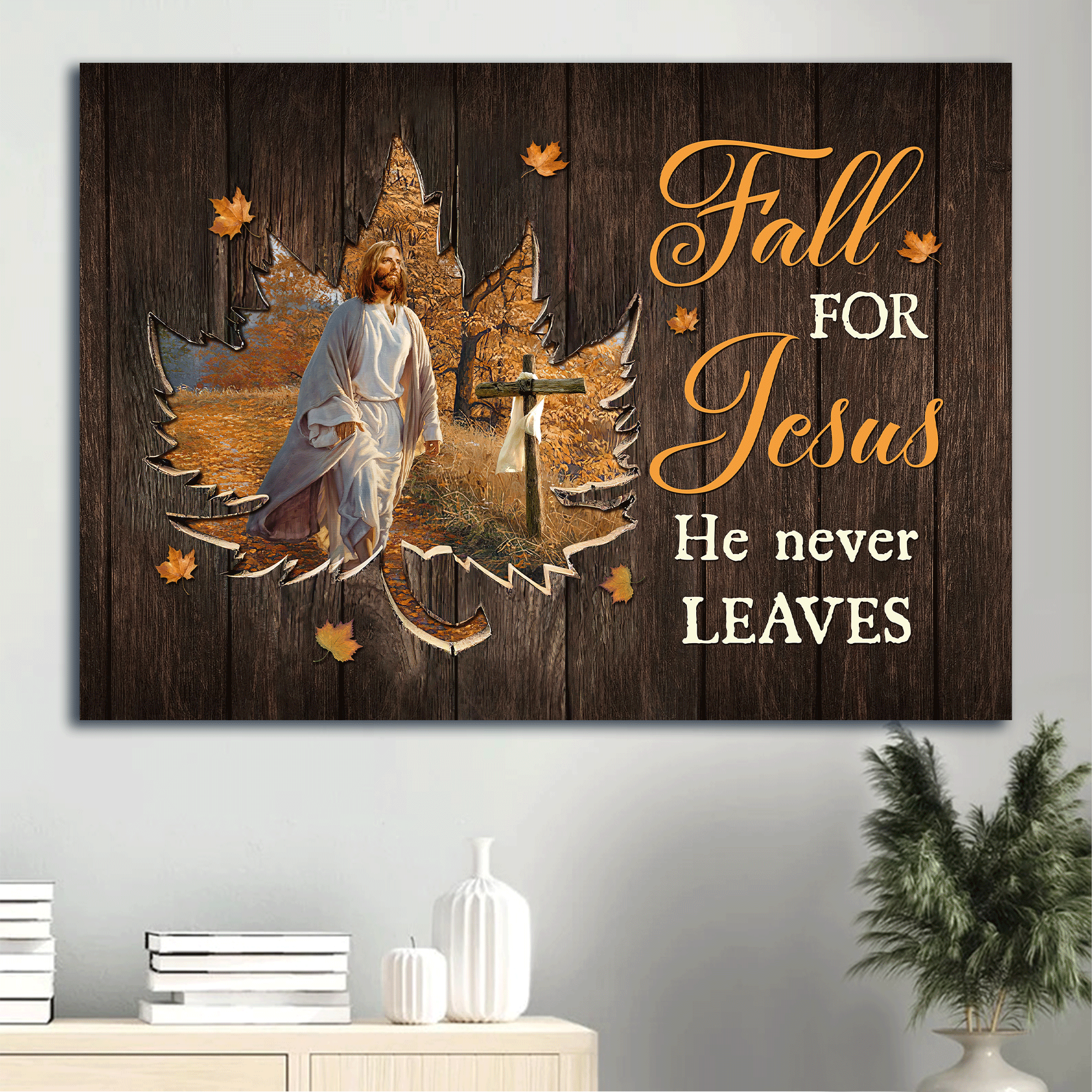 Jesus Landscape Canvas - Maple shape, Autumn forest, Walking with Jesus Canvas - Gift for Christian - Fall for Jesus Landscape Canvas