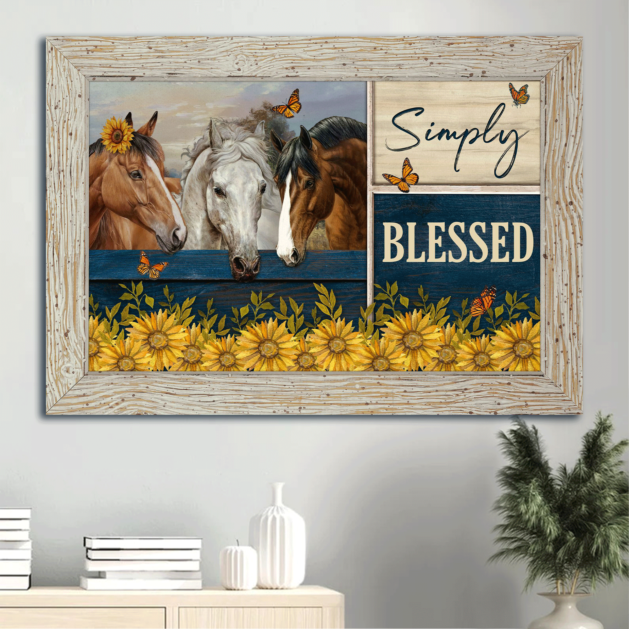 Jesus Landscape Canvas- Beautiful horses, Sunflower garden, Monarch butterfly canvas- Gift for Christian- Simply blessed