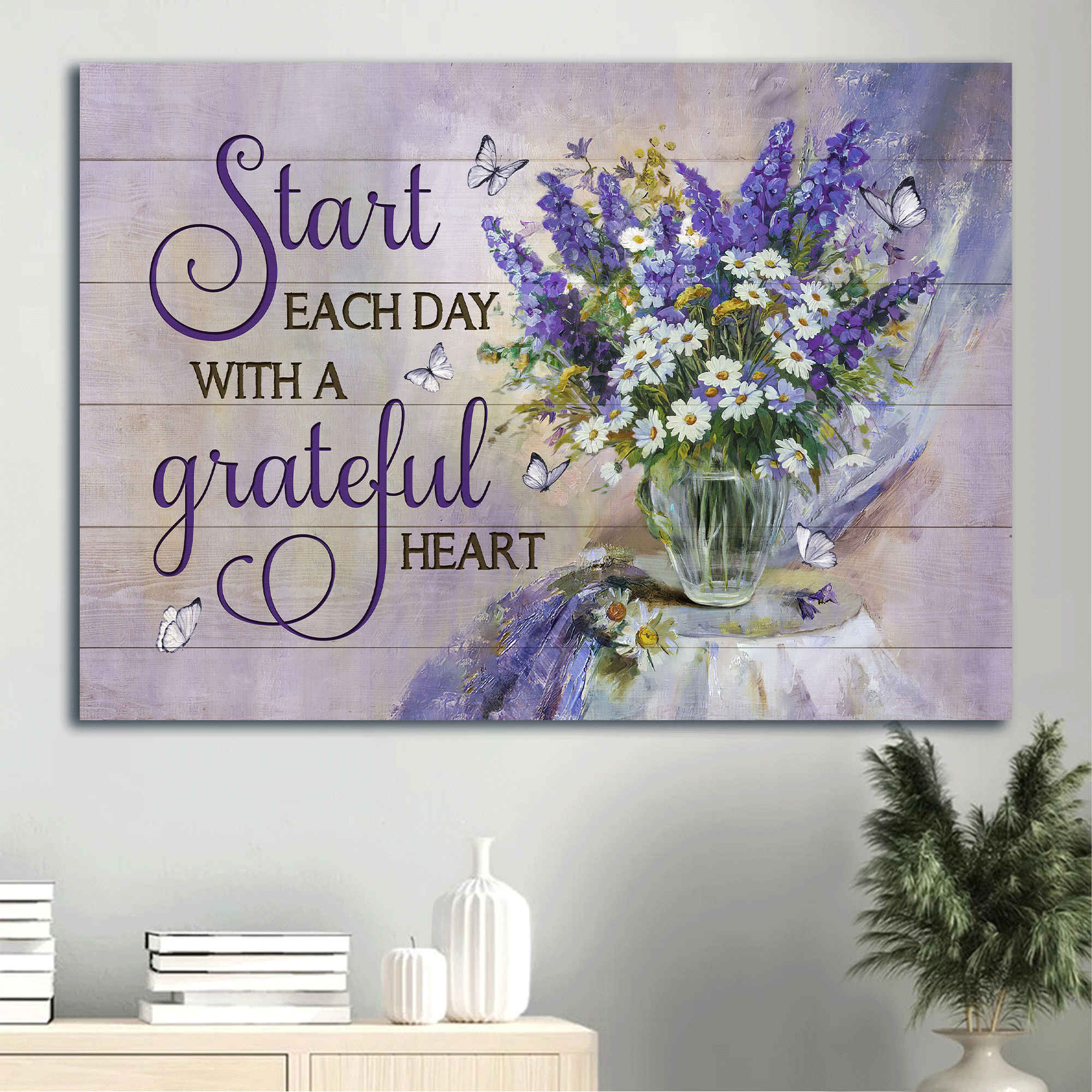 Jesus Landscape Canvas - Beautiful lavender flower, Daisy vase Landscape Canvas - Gift For Christian - Start each day with a grateful heart