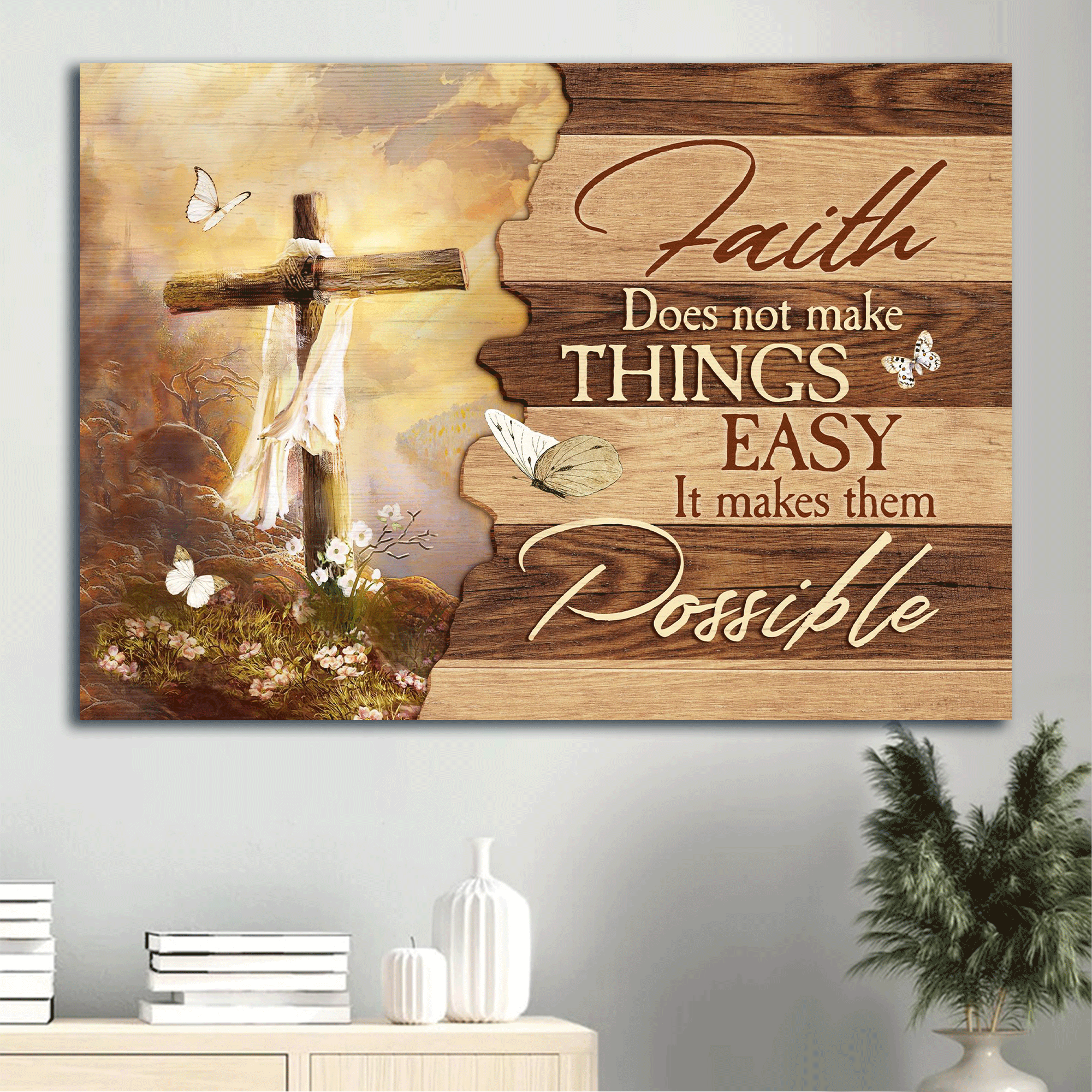 Jesus Landscape Canvas - Beautiful cross, Mountain drawing Landscape Canvas - Gift For Christian - Faith does not make things easy