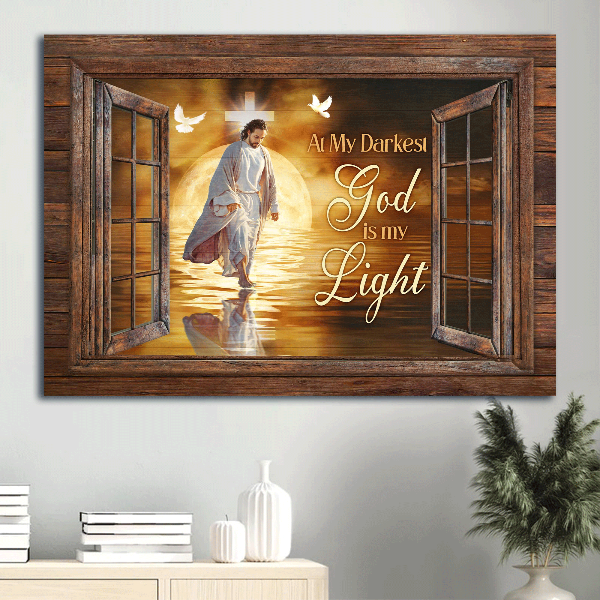 Jesus Landscape Canvas - Jesus walking on water, Amazing sunset Canvas - Gift For Christian - At my darkest, God is my light Canvas