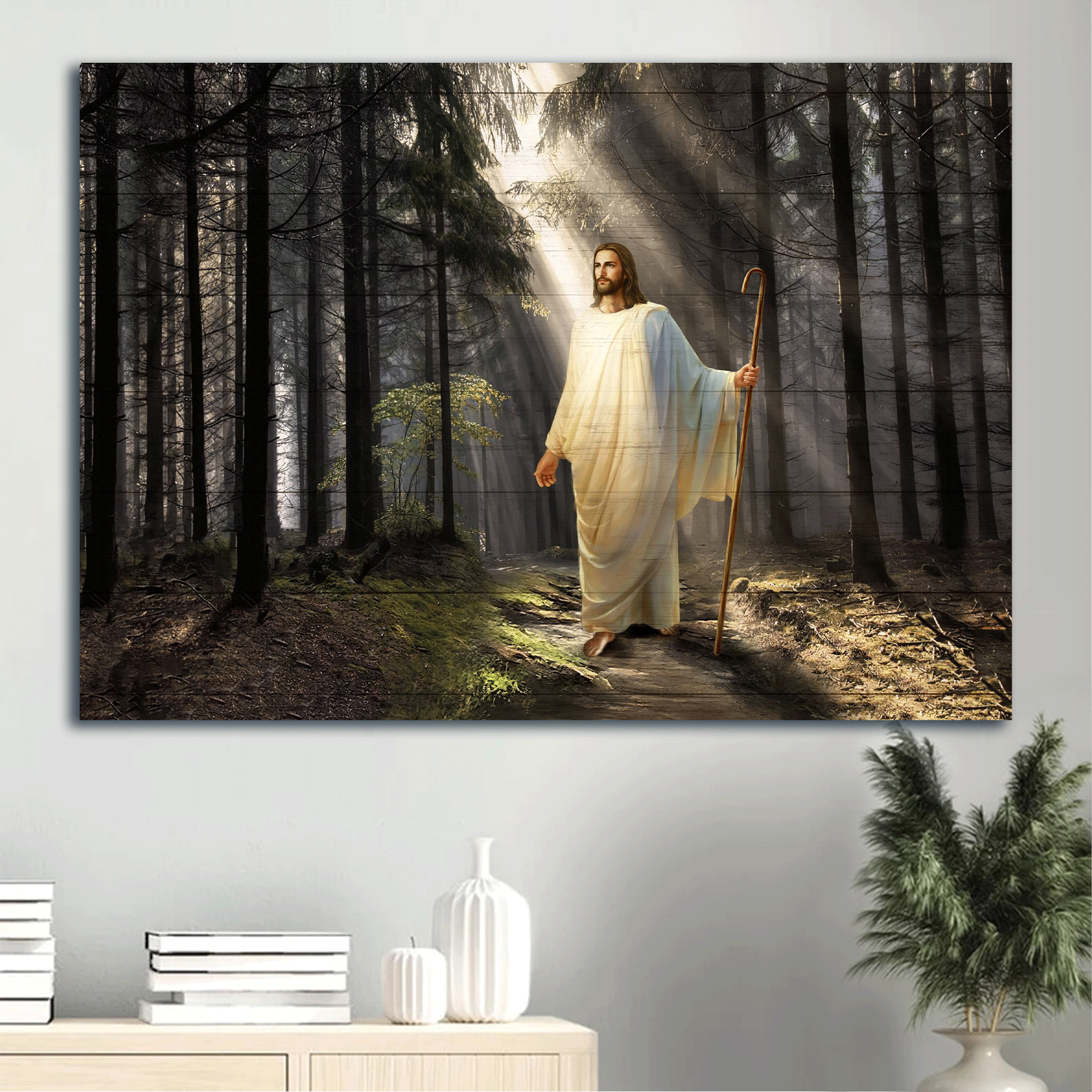 Jesus Landscape Canvas - Light in miracle forest, Religious painting Landscape Canvas - Inspirational gift, Gift For Religious Christian - Abstract Jesus drawing