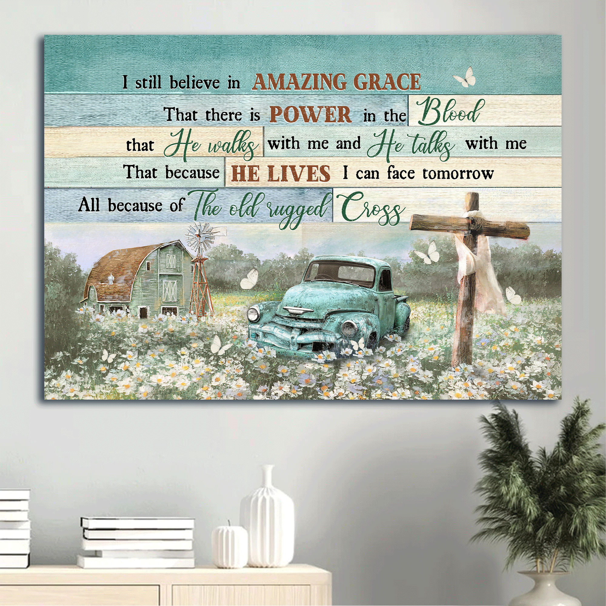 Jesus Landscape Canvas - Old car, Flower field, Wooden Cross Landscape Canvas - Gift For Christian - I still believe in amazing grace Landscape Canvas