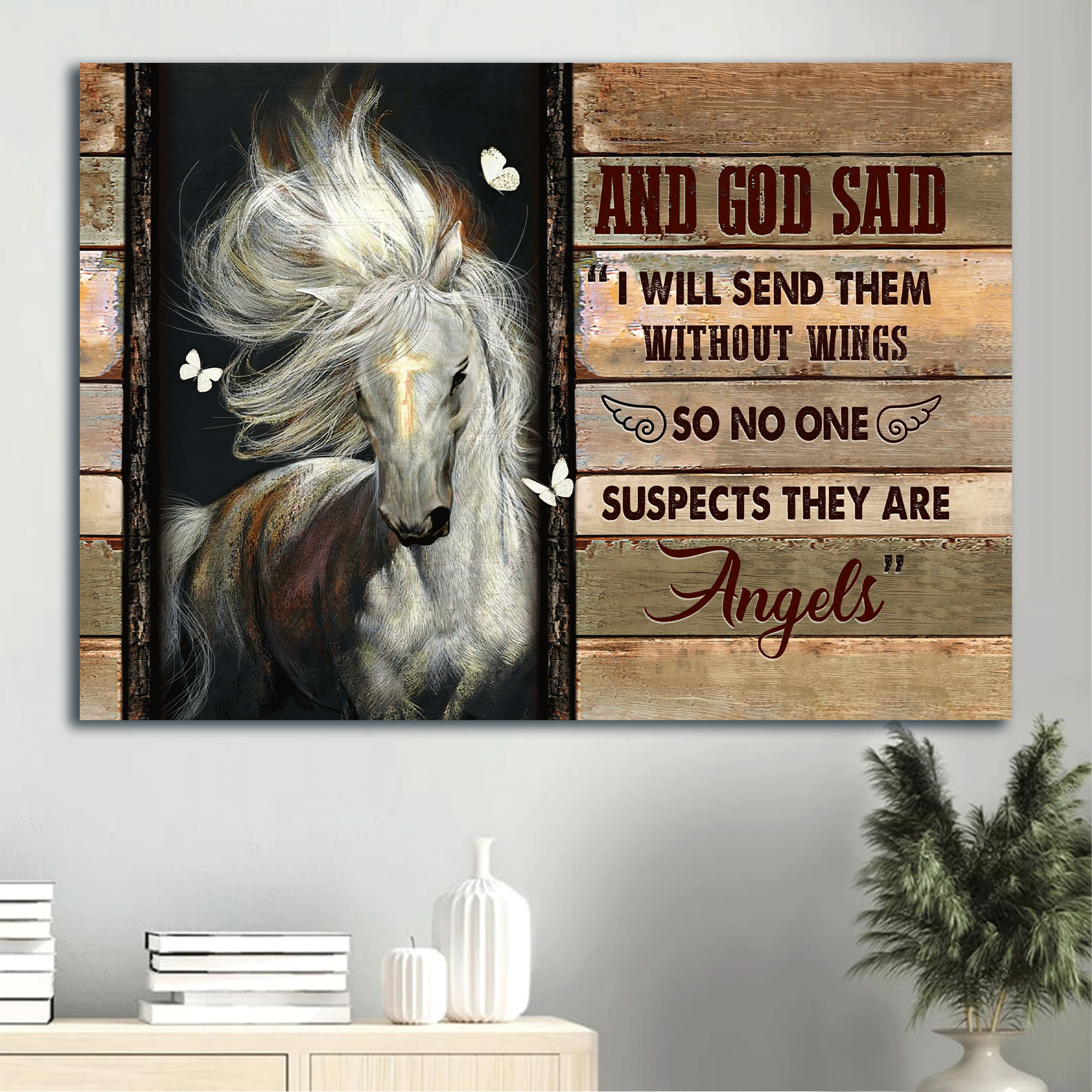 Jesus Landscape Canvas- Beautiful horse, Golden cross, White butterfly canvas- Gift for Christian- I will send them without wings