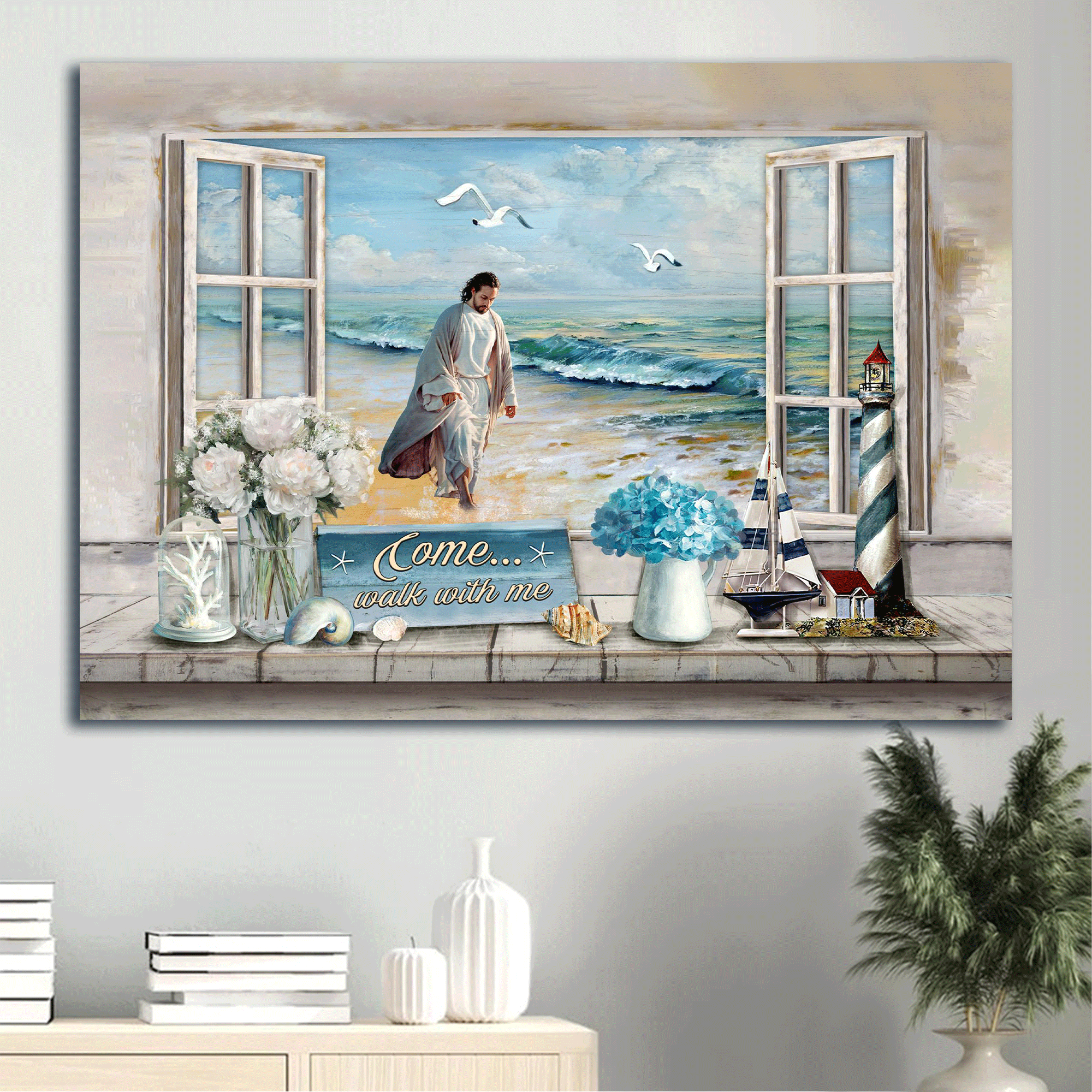 Jesus Landscape Canvas - Walking With Jesus, On The Seashore, Beach Painting, Window Frame Canvas - Gift For Christian - Come Walk With Me Canvas