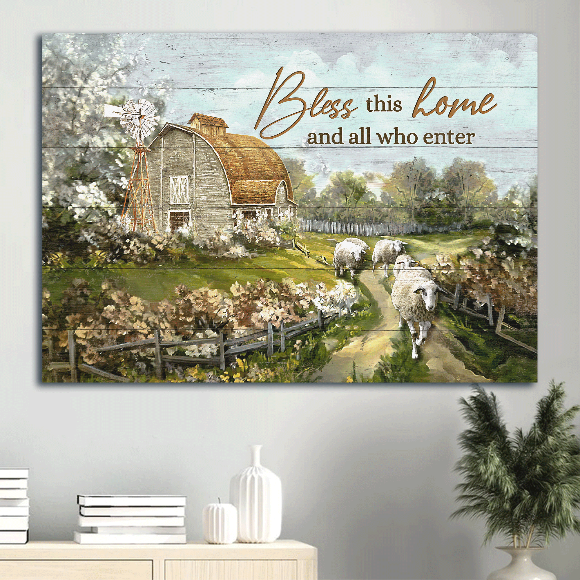 Jesus Landscape Canvas- Beautiful Farm, Sheep Drawing, Vintage House Canvas- Gift For Christian- Bless This House