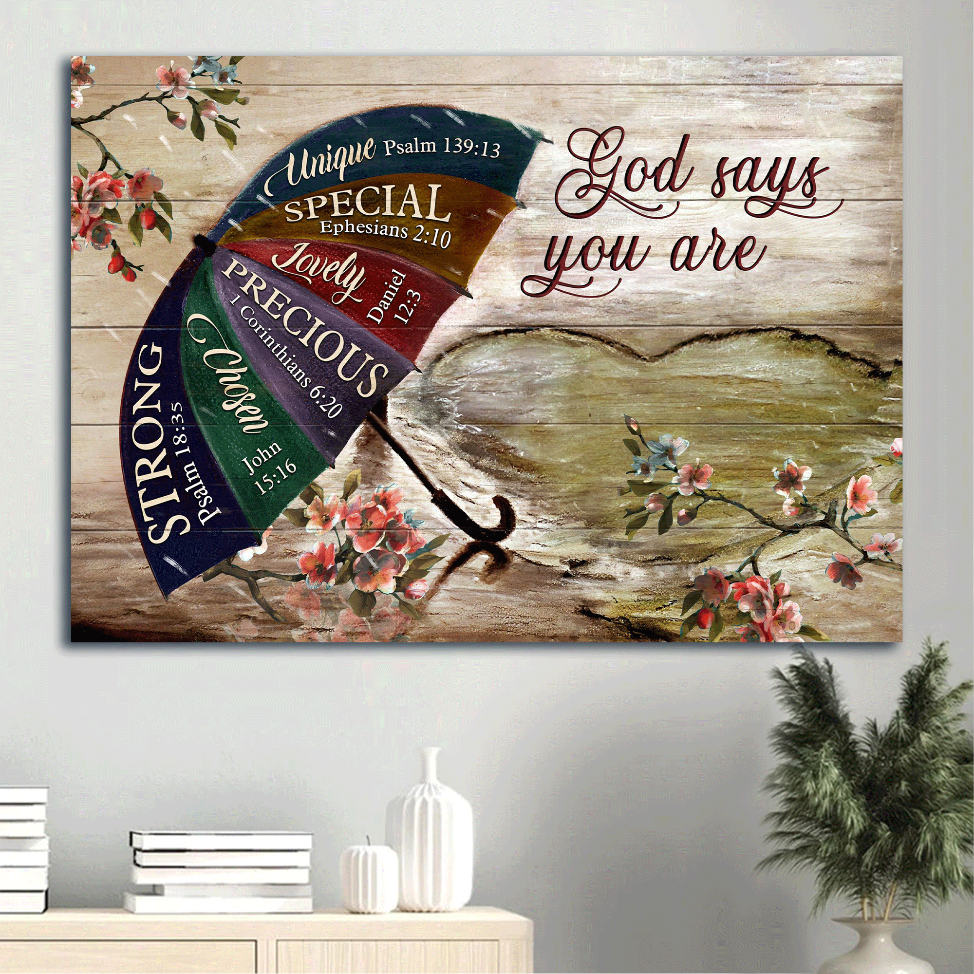 Jesus Landscape Canvas -Big umbrella, Rainy day, Heart shape Landscape Canvas - Gift For Christian - God says you are unique Landscape Canvas