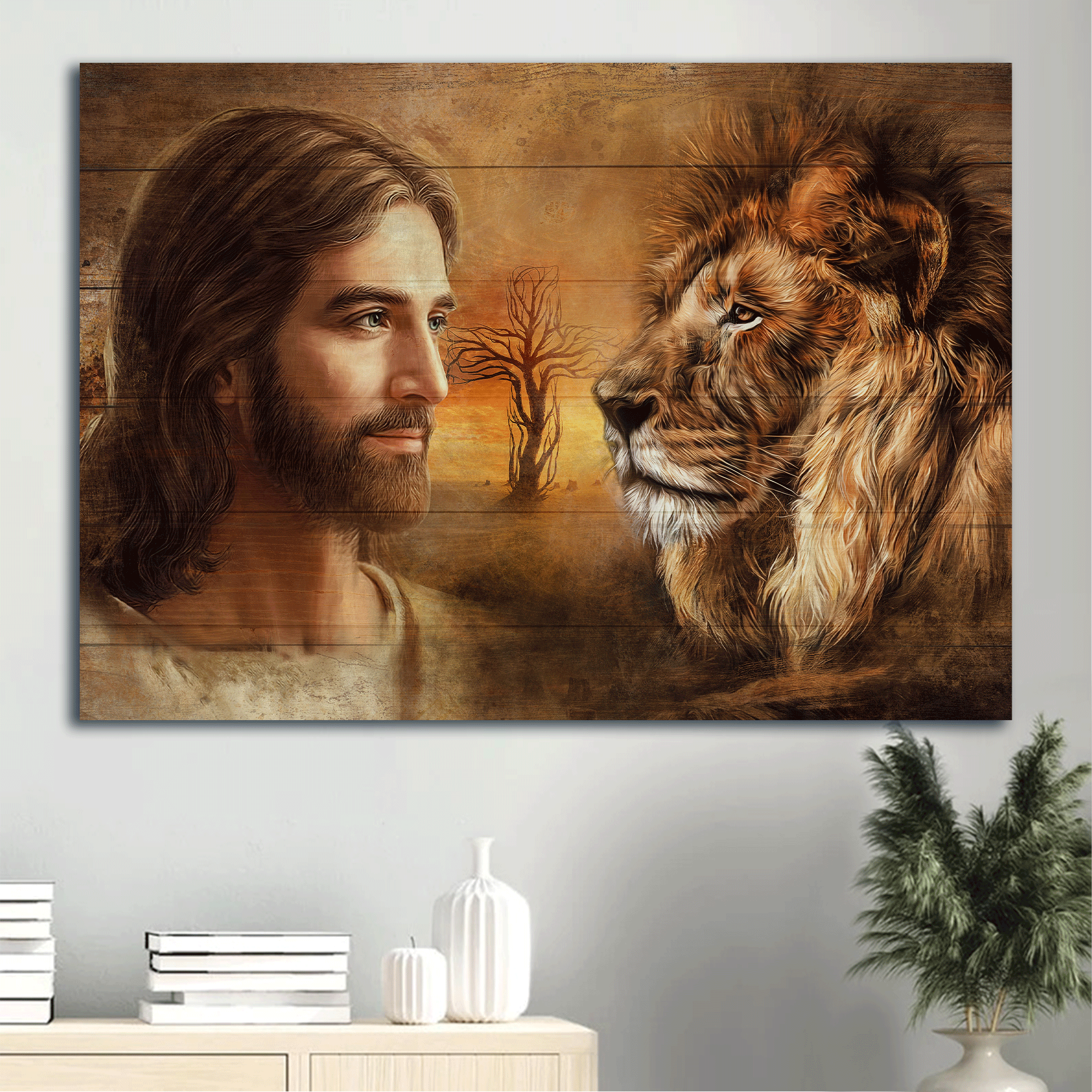 Jesus Landscape Canvas - Beautiful Jesus drawing, Lion face, Lion of Judah, Face to face Landscape Canvas - Gift For Christian