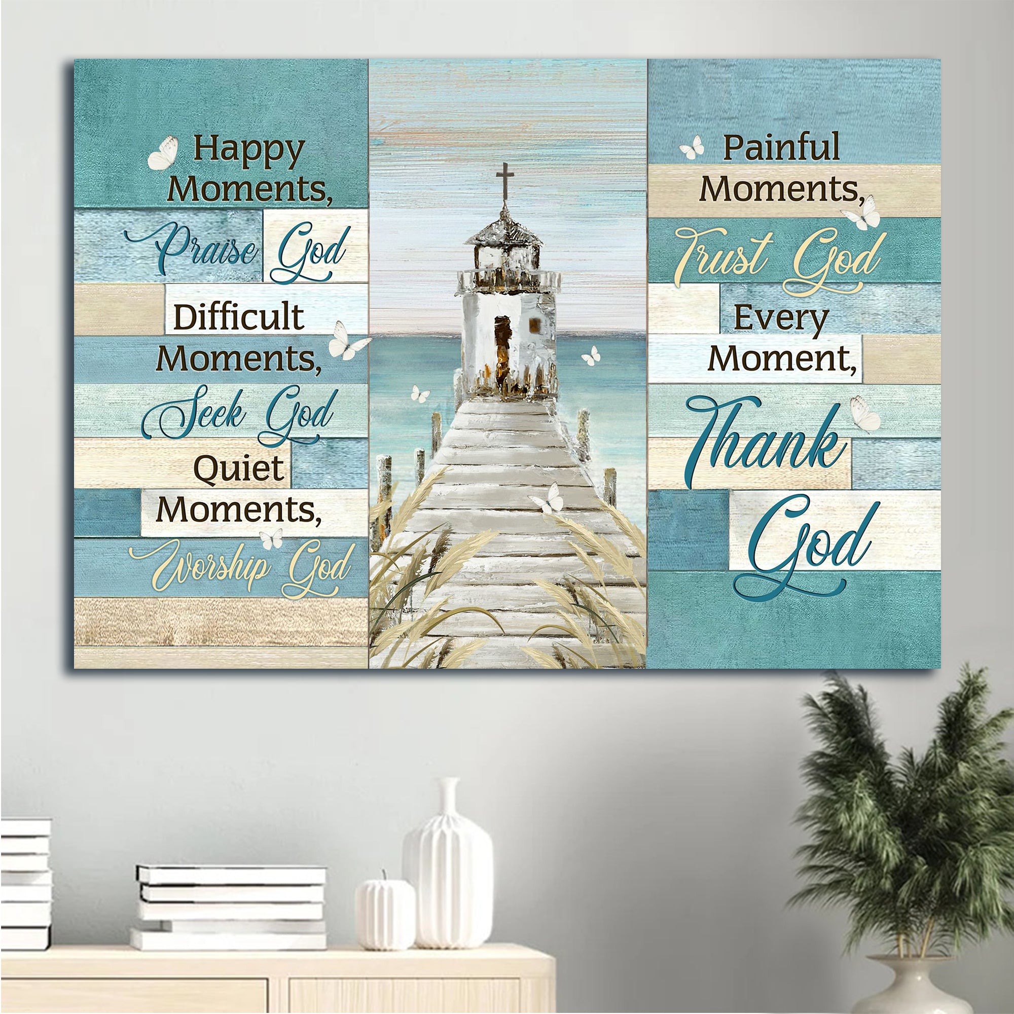 Jesus Landscape Canvas - Church By The River, White Butterfly Landscape Canvas - Gift For Christian - Every Moment, Thank God Landscape Canvas