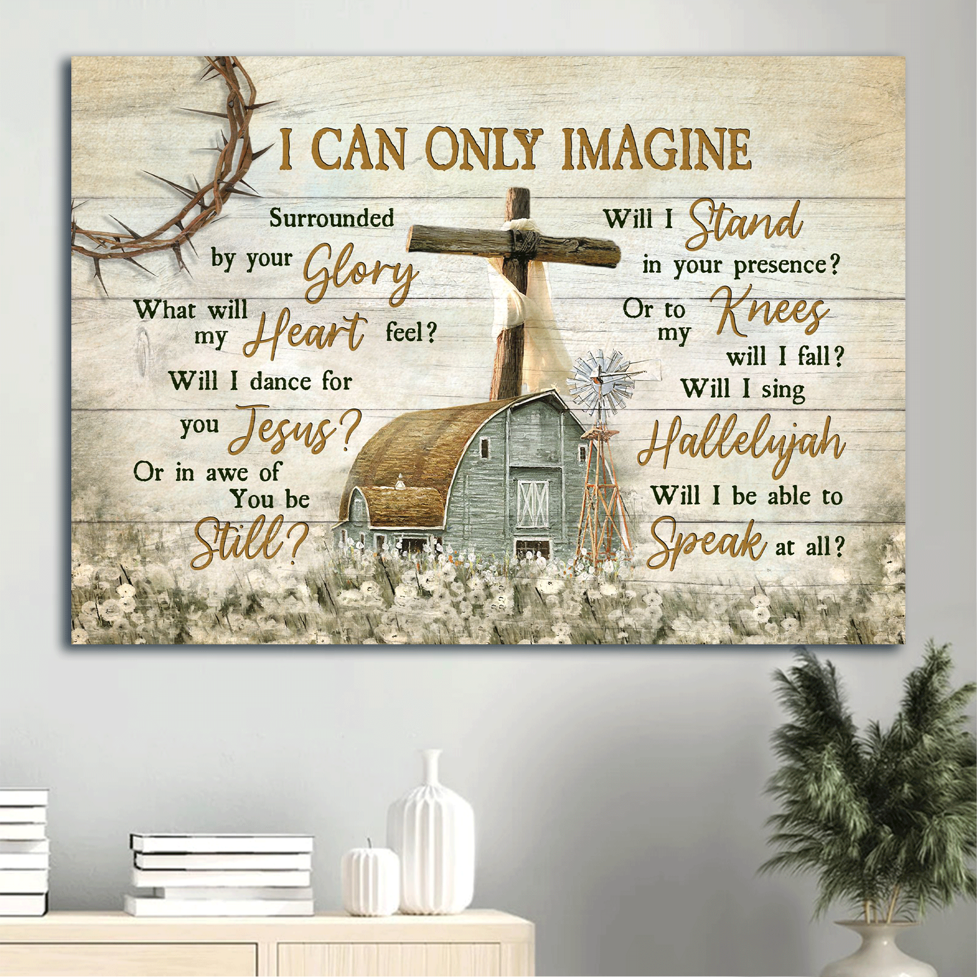 Jesus Landscape Canvas - Old barn painting, Wooden Cross, Flower Field Landscape Canvas - Gift For Christian - I can only imagine Landscape Canvas