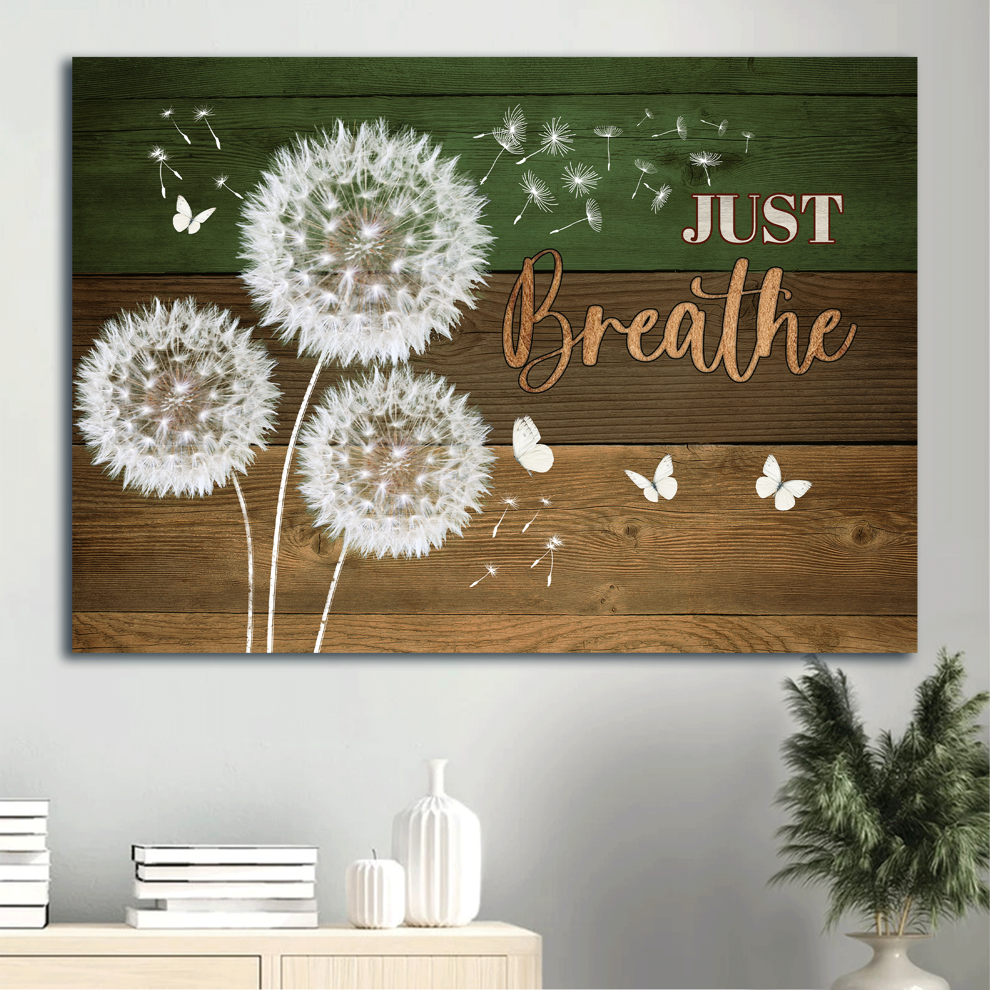 Jesus Landscape Canvas- Dandelion painting, Wooden background, White butterfly canvas- Gift for Christian- Just breathe