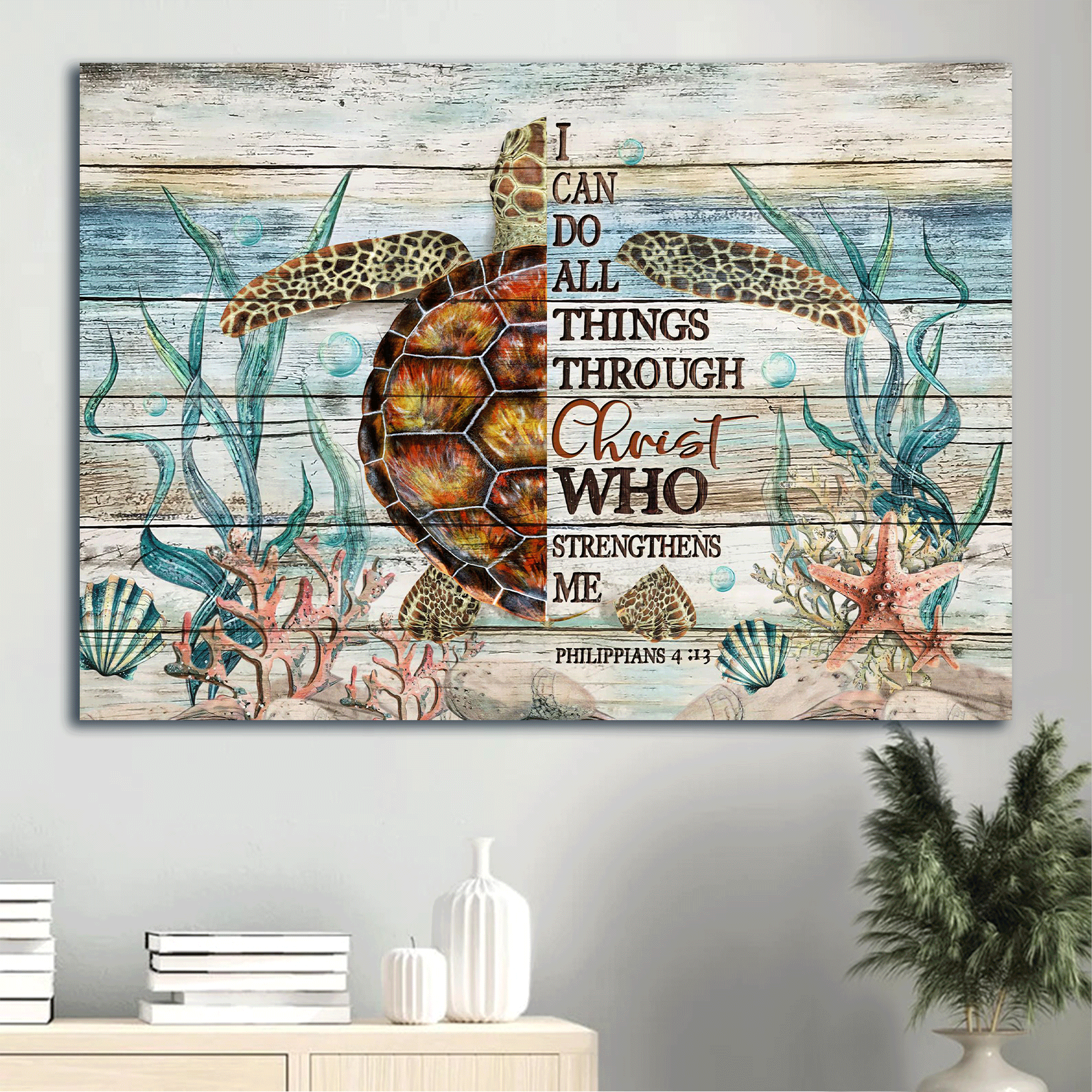 Jesus Landscape Canvas- Awesome Sea Turtle, Amazing Sea Life, Turtle Drawing Canvas- Gift For Christian- I Can Do All Things Through Christ