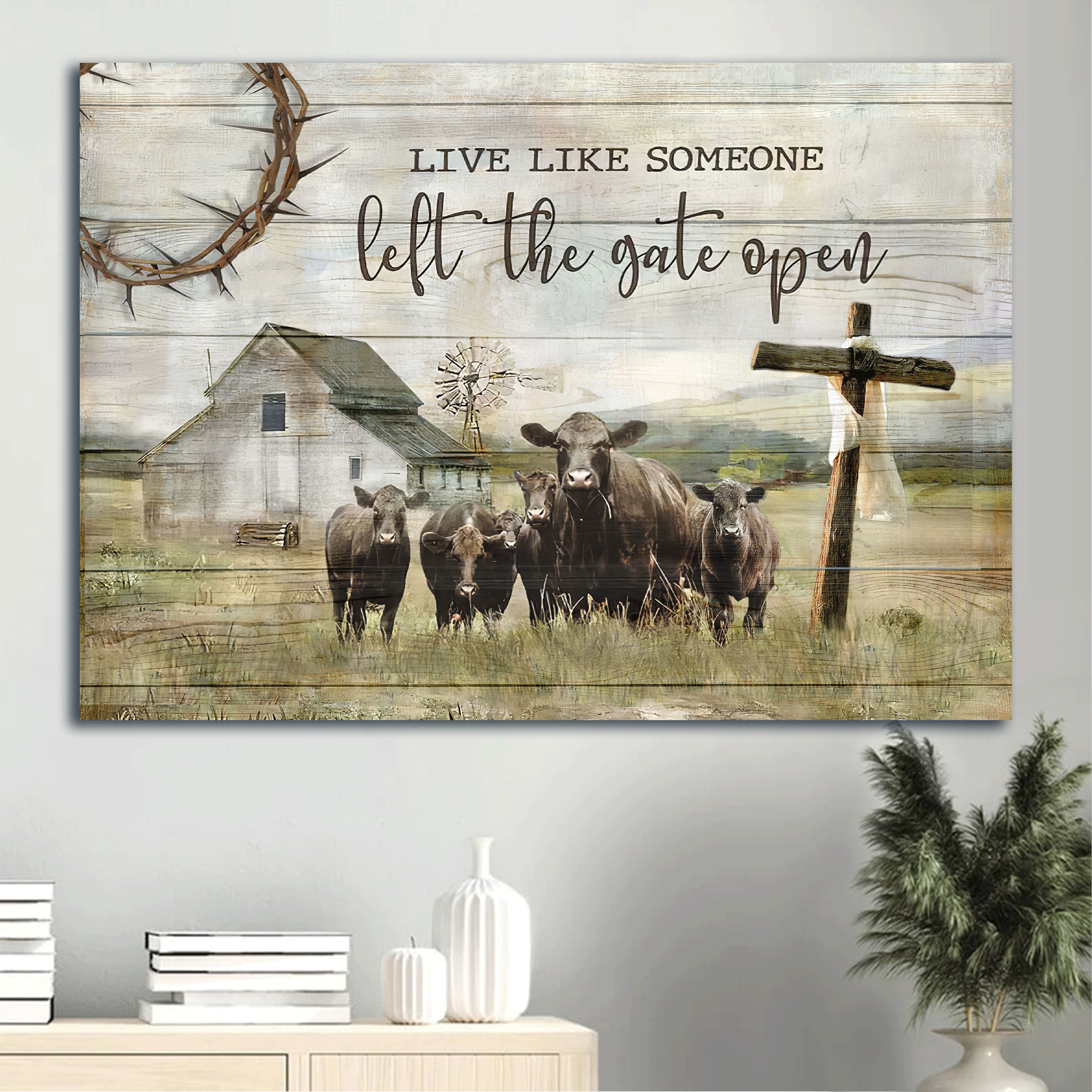 Jesus Landscape Canvas - Tranquil Farm, Aberdeen Angus, Wooden Cross Canvas - Gift For Christian - Live Like Someone, Left The Gate Open Canvas