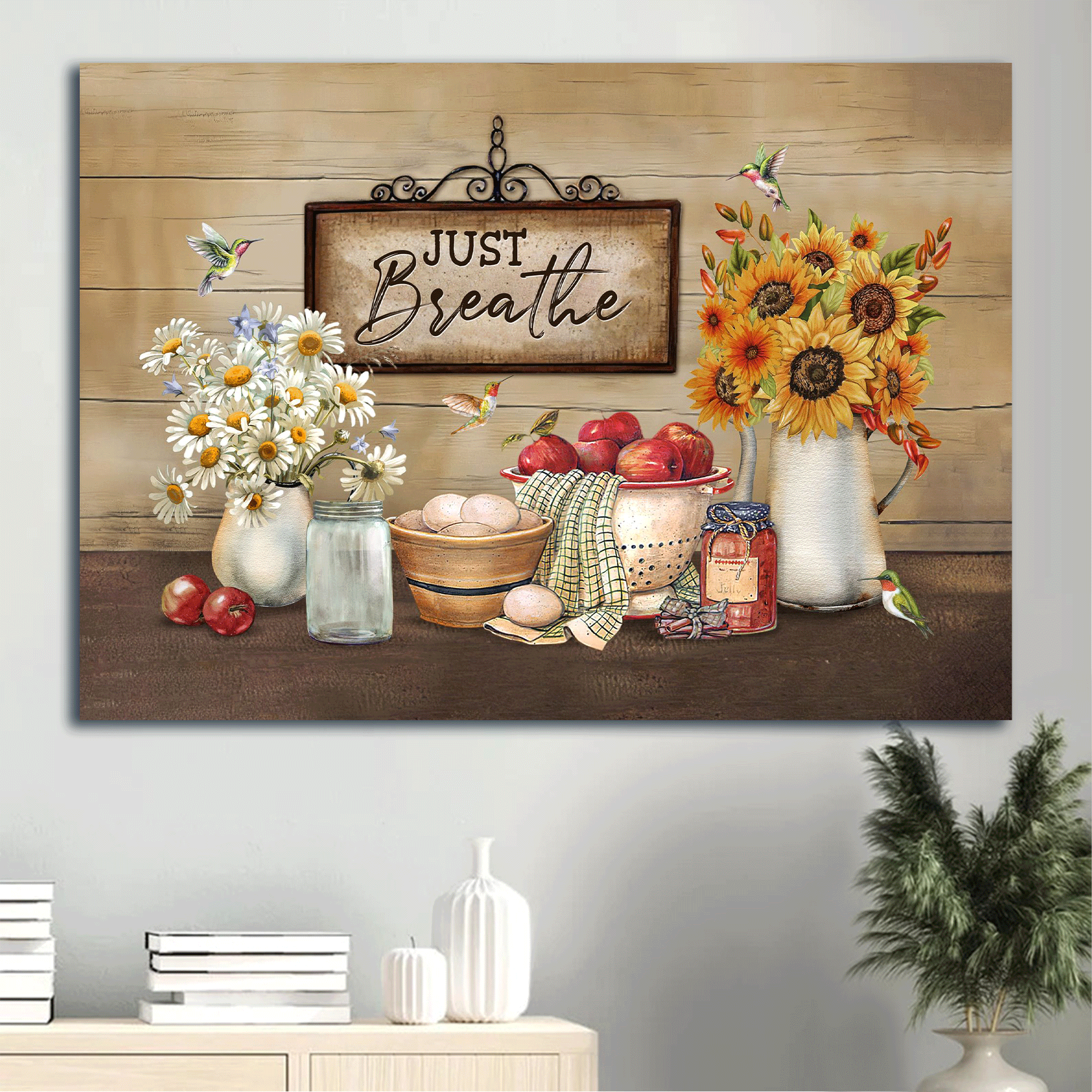 Jesus Landscape Canvas- Beautiful daisy, Pretty kitchen, Vintage sign, Hummingbird canvas- Gift for Christian- Just breathe