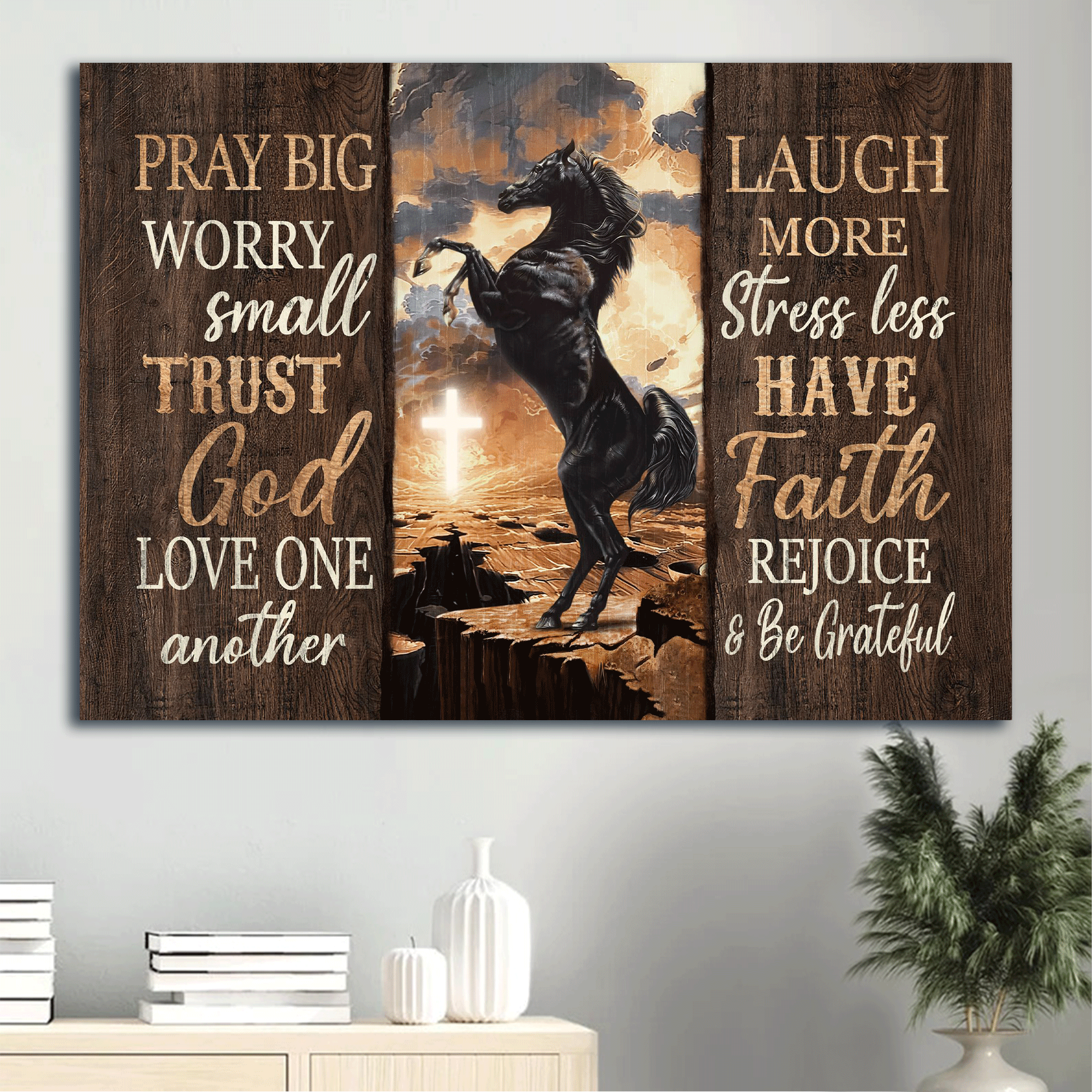 Jesus Landscape Canvas- Black horse painting, The amazing horse, The cross light canvas- Gift for Christian- Have faith, Rejoice & Be grateful - Landscape Canvas Prints, Christian Wall Art