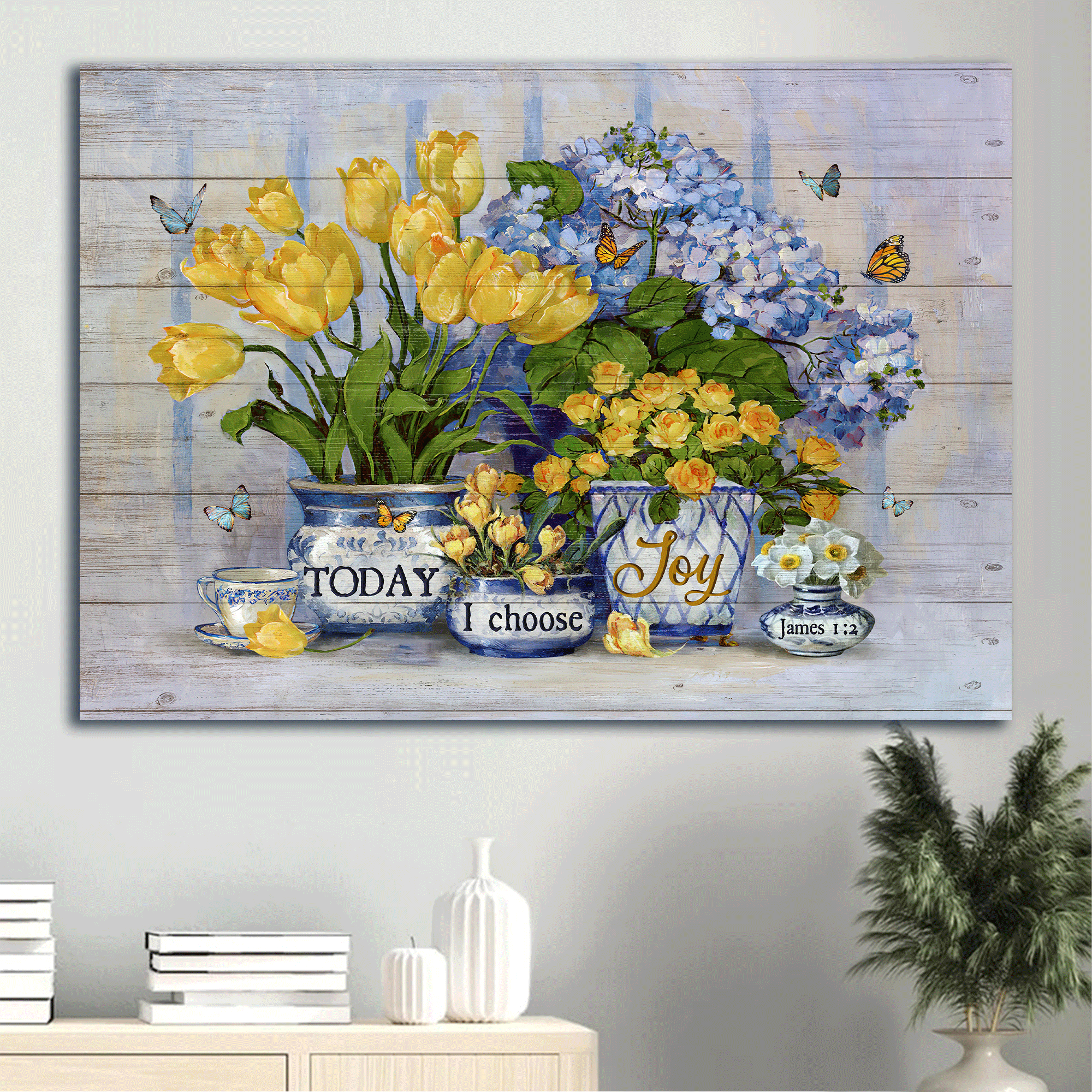 Jesus Landscape Canvas- Blue hydrangea, Watercolor flower, Colorful butterfly canvas- Gift for Christian- Today I choose joy - Landscape Canvas Prints, Wall Art