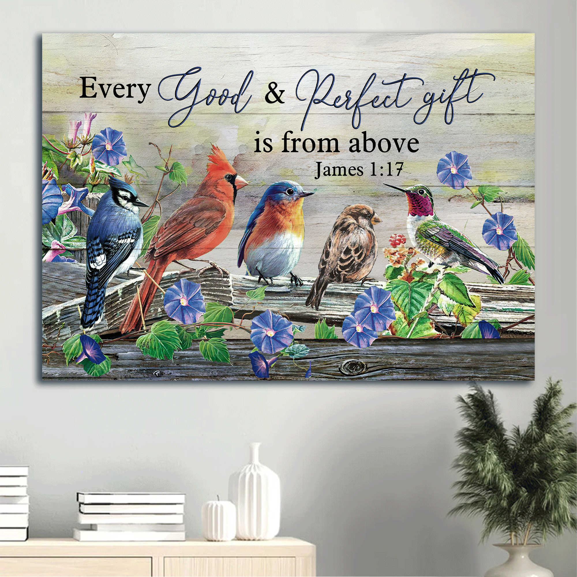 Jesus Landscape Canvas - Stunning Violet Flower, Beautiful Birds Canvas - Gift For Christian - Every Good And Perfect Gift Is From Above Canvas