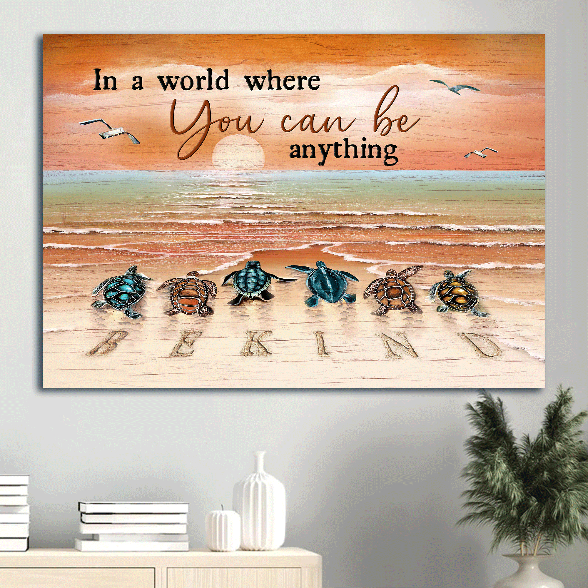 Jesus Landscape Canvas - Beautiful sunset, Sea turtle, To the ocean Landscape Canvas - Gift For Christian - In a world where you can be anything, Be kind