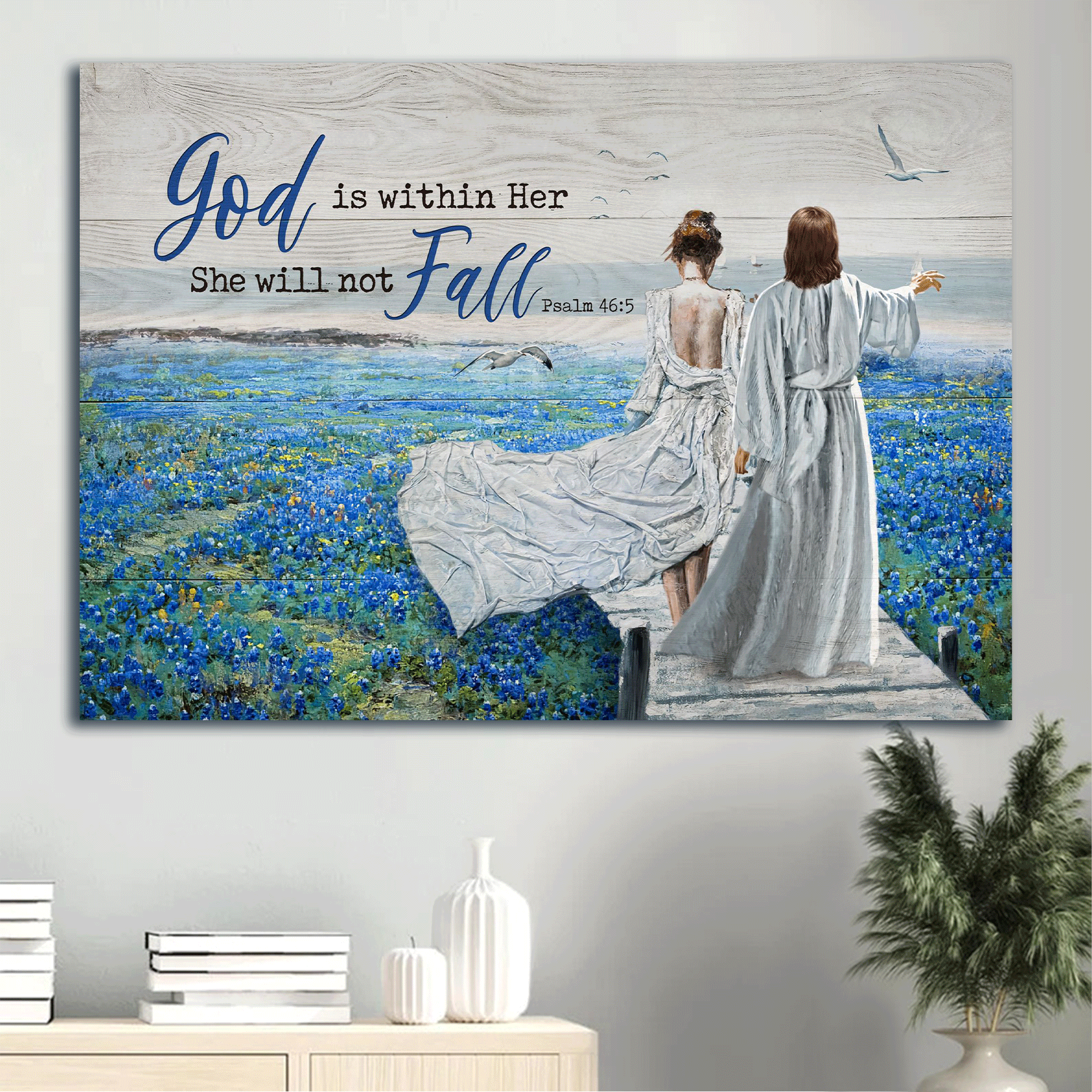 Jesus Landscape Canvas - Blue flower field, Walking with Jesus Landscape Canvas - Gift For Christian - God is within her, She will not fall Landscape Canvas