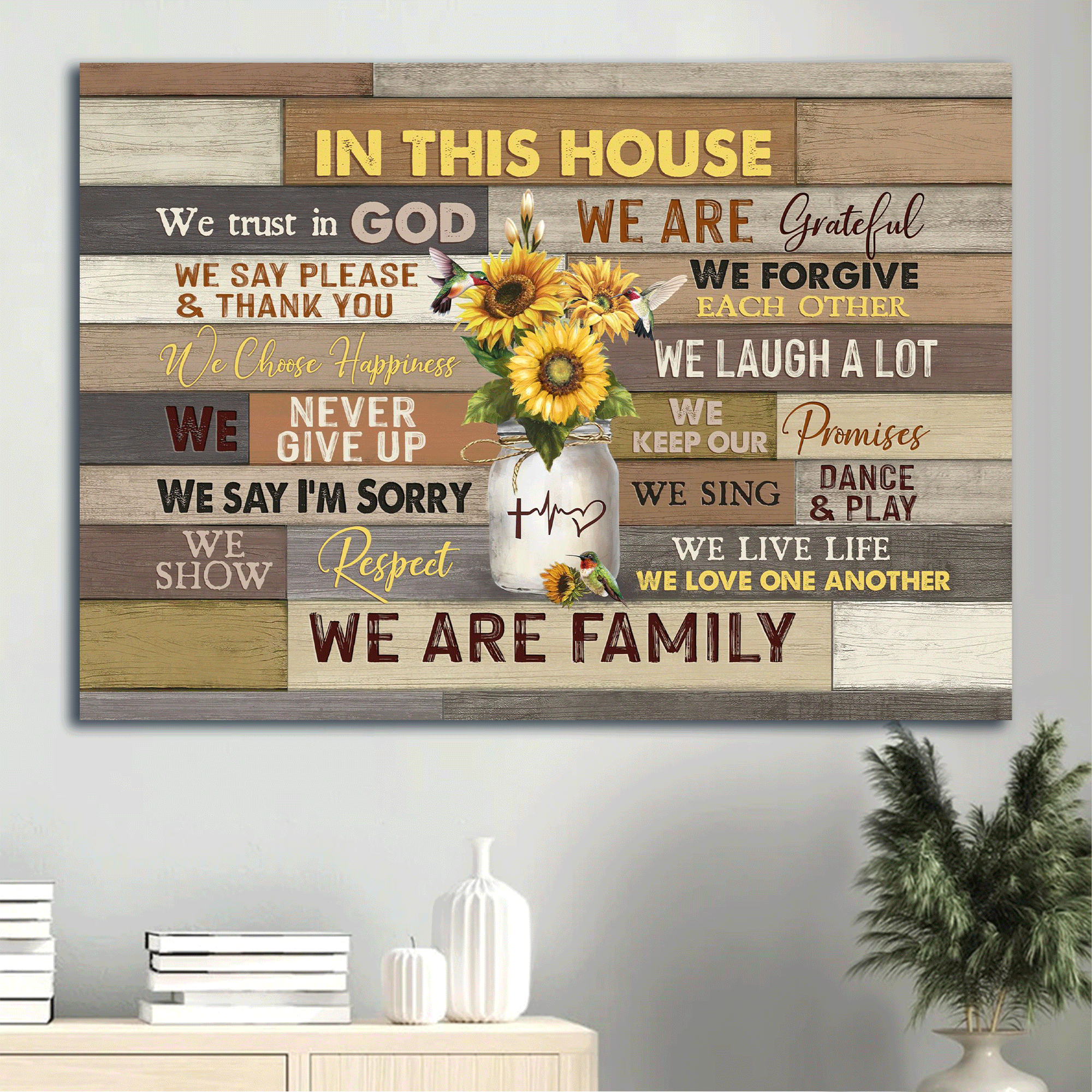 Jesus Landscape Canvas - Sunflower, Mason Jar, Hummingbird Canvas - Gift For Christian - In This House We Trust In God Canvas