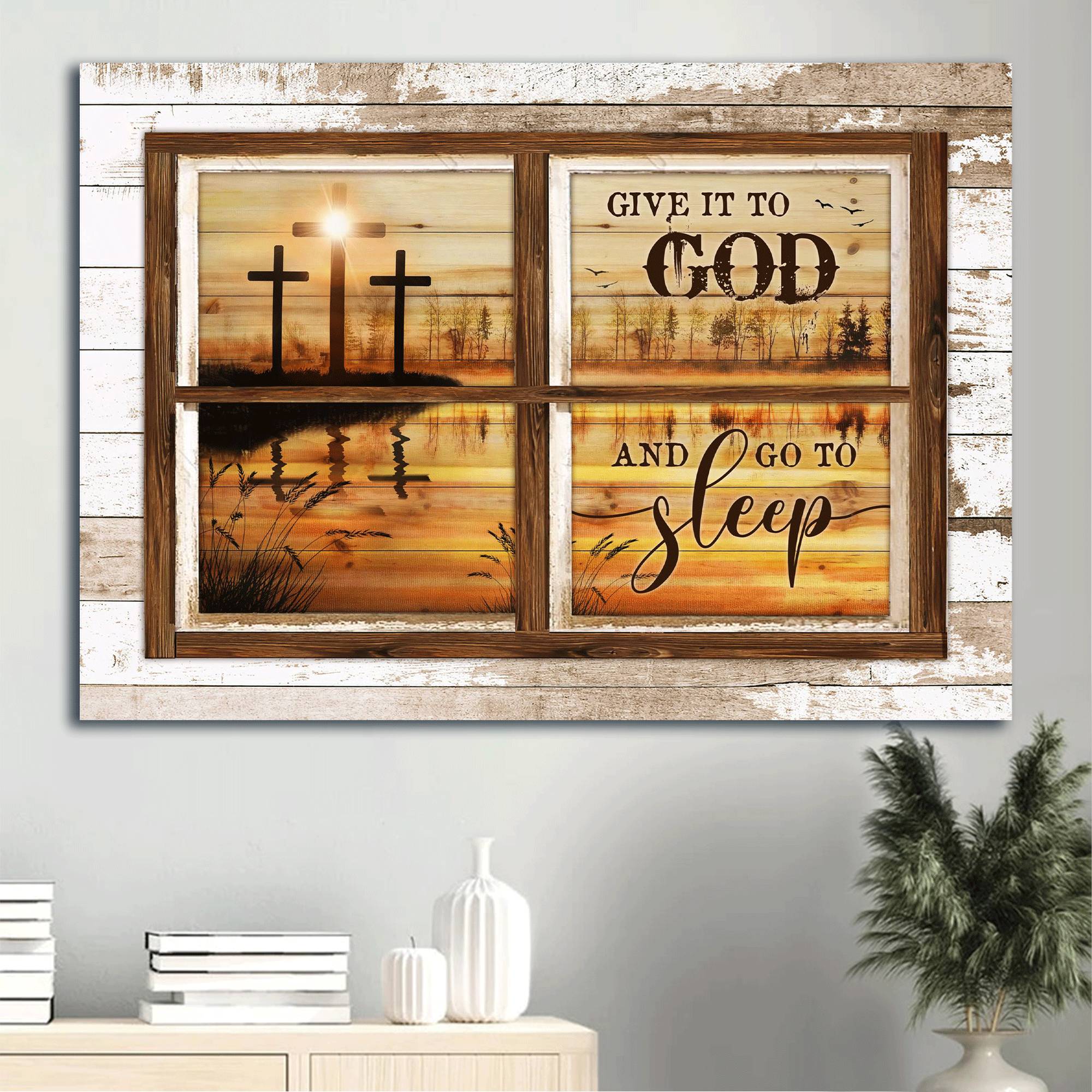 Jesus Landscape Canvas - Orange sunset, Cross symbol, Beautiful lake Landscape Canvas - Gift For Christian - Give it to God and go to sleep Landscape Canvas