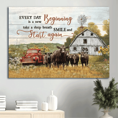 Jesus Landscape Canvas- Aberdeen Angus Canvas, Sunflower Car, Tranquil Farm- Gift For Religious Christian- Every Day Is A New Beginning