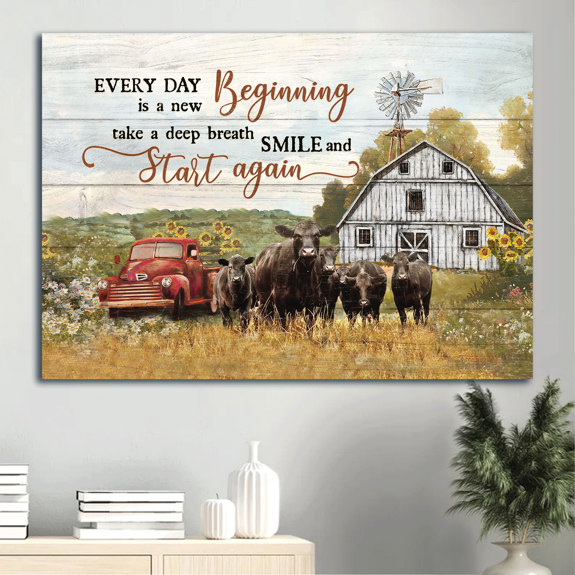 Jesus Landscape Canvas- Aberdeen Angus Canvas, Sunflower Car, Tranquil Farm- Gift For Religious Christian- Every Day Is A New Beginning