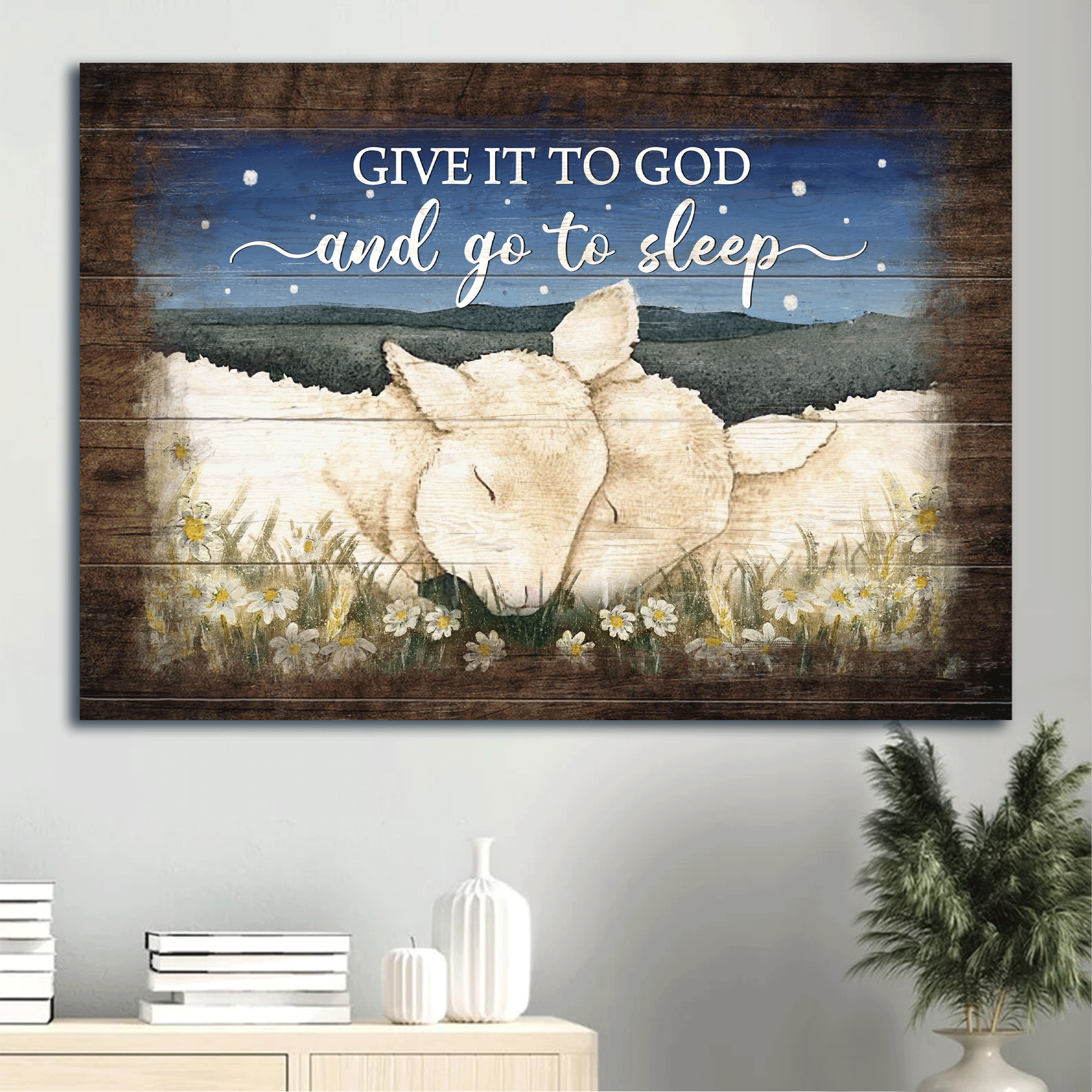 Jesus Landscape Canvas - Lambs painting, Beautiful night, On the field Canvas - Gift For Christian - Give it to God and go to sleep Landscape Canvas