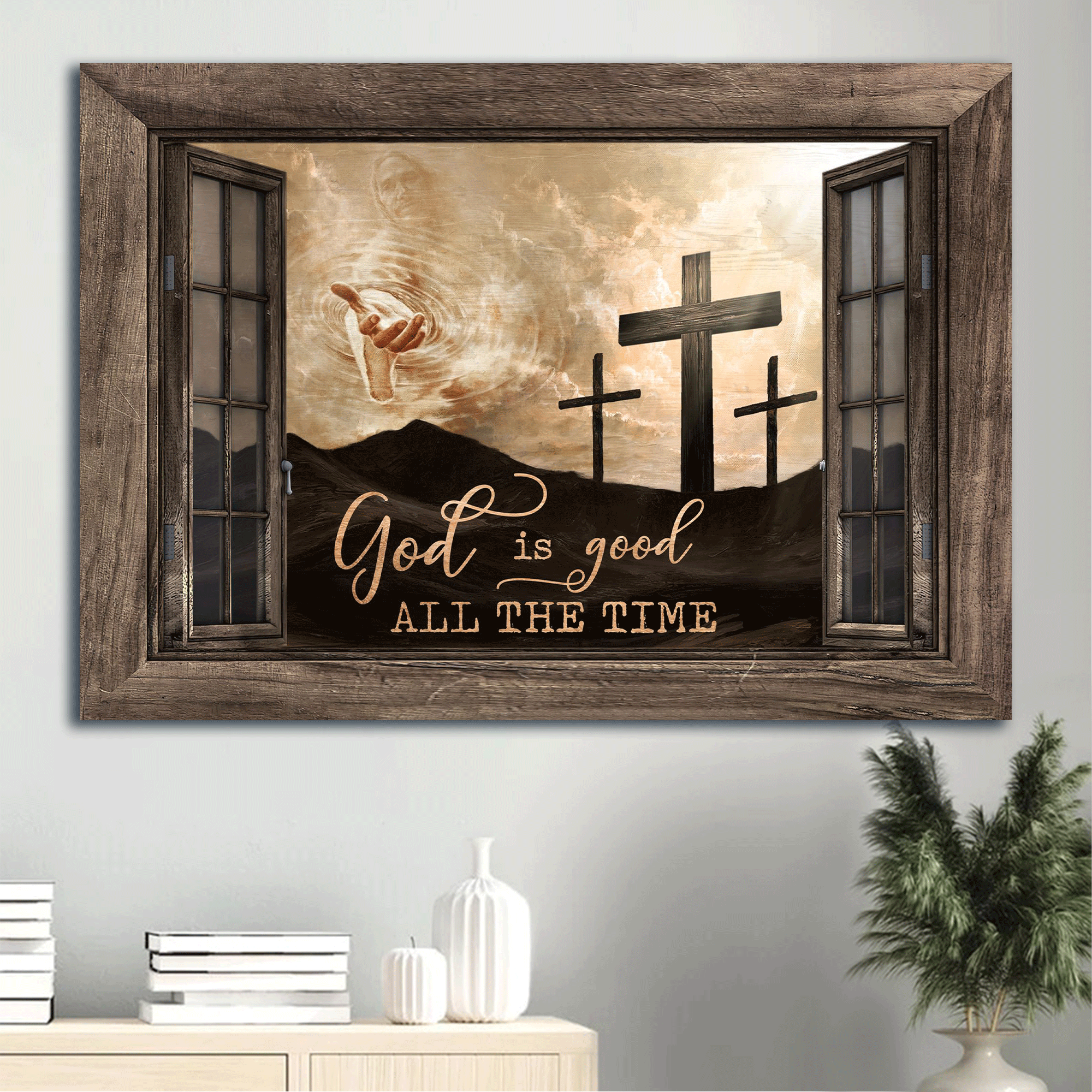 Jesus Landscape Canvas - The Rugged Crosses, Hand Of God, Window Frame Canvas - Gift For Christian - God Is Good All The Time Canvas