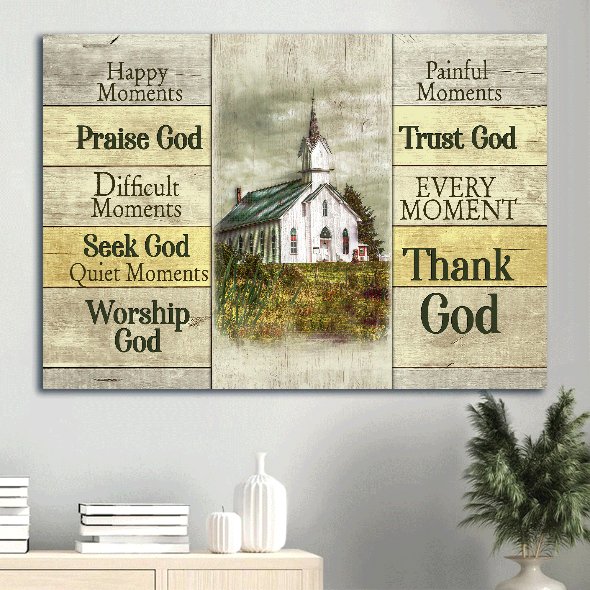 Jesus Landscape Canvas - Beautiful church, Dark cloud, Green meadow Landscape Canvas - Gift For Christian - Happy moments praise God, Every moment thank God