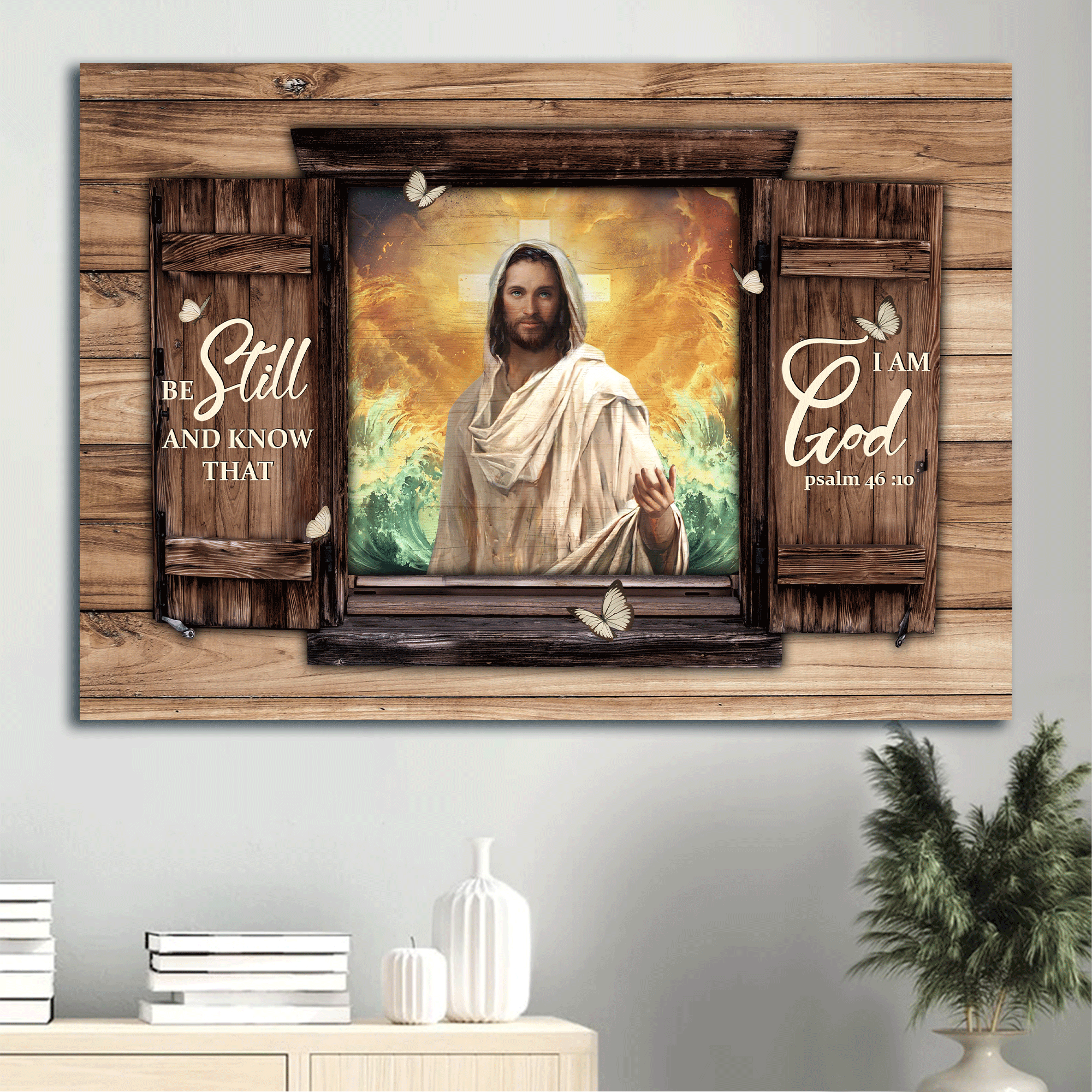 Jesus Landscape Canvas - Jesus painting, Antique window, Infinite halo, Ocean Landscape Canvas - Gift For Christian - Be still and know that I am God Landscape Canvas