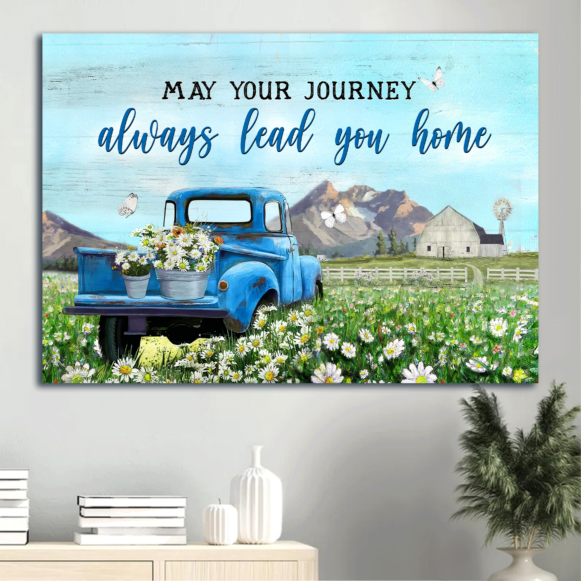 Jesus Landscape Canvas- Blue ladybug car, Daisy field, Beautiful sky canvas- Gift for Christian- May your journey always lead you home - Landscape Canvas Prints, Christian Wall Art