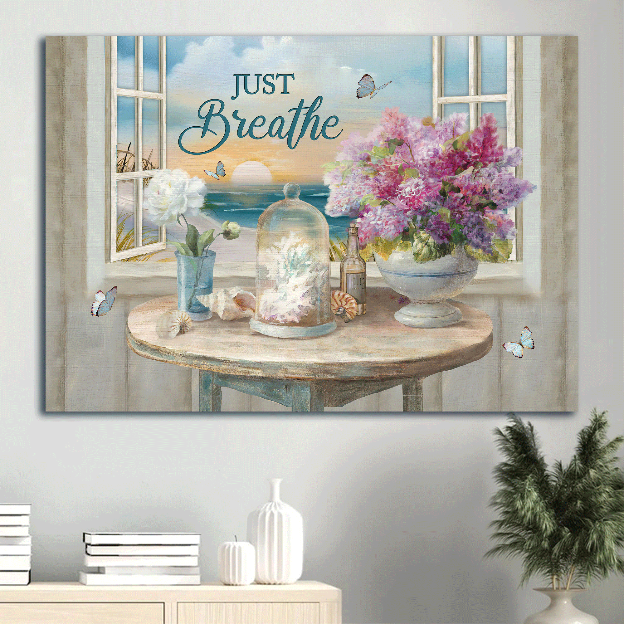 Jesus Landscape Canvas- Beautiful flowers, Seashells, Coral, Sunrise view, Butterfly painting canvas- Gift for Christian - Just breathe