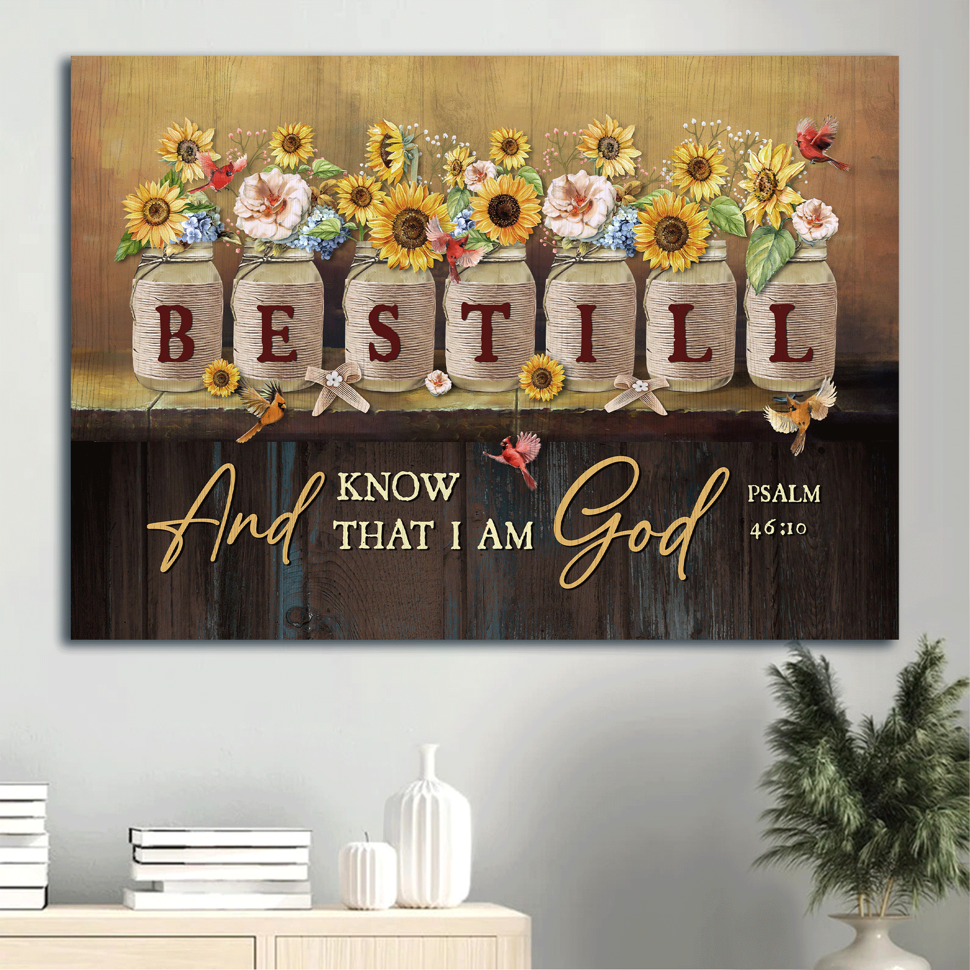 Jesus Landscape Canvas - Bible verse, Sunflower jars, Red cardinal Landscape Canvas - Gift For Christian - Be still and know that I am God